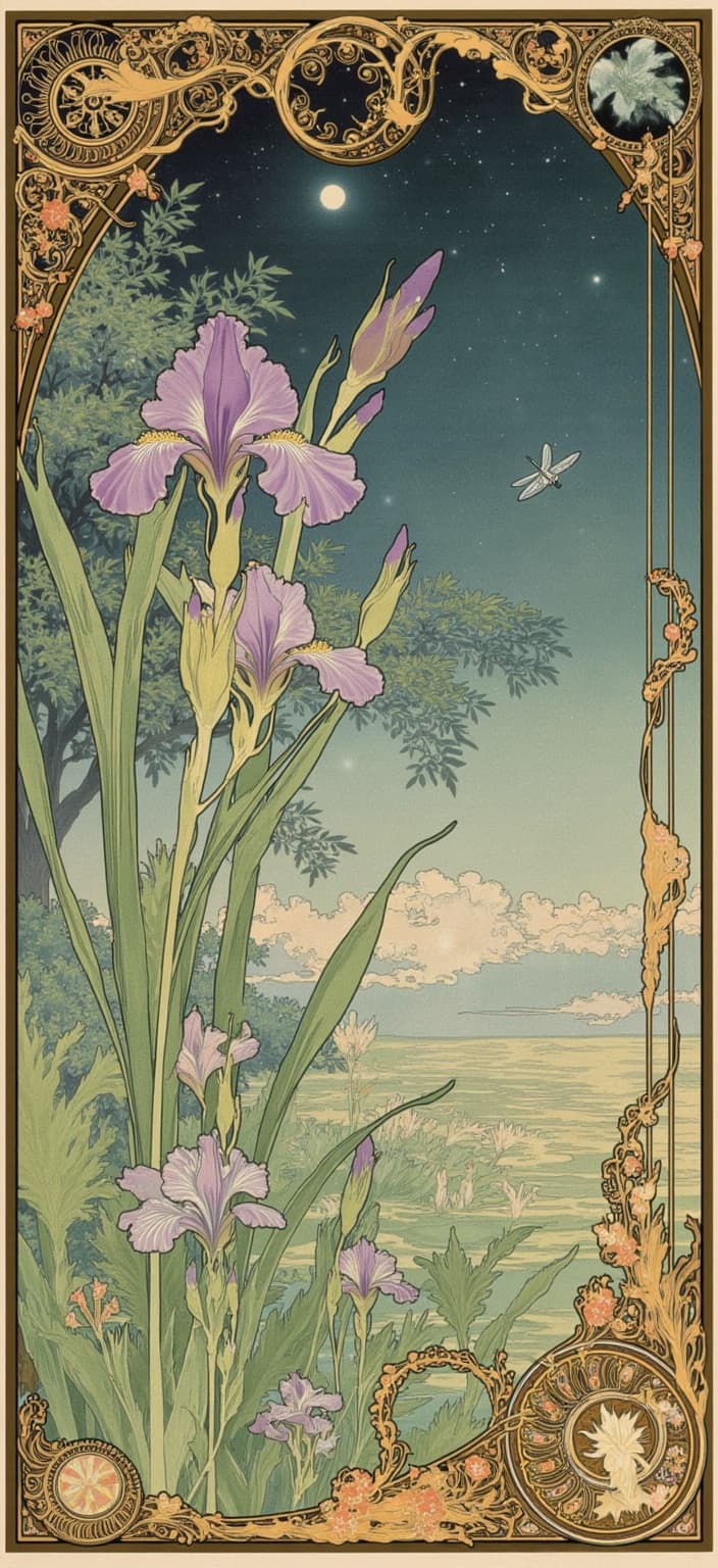 mucha, Enriched prompt: Create a captivating dreamlike painting of the edge of a serene lake nestled beneath a vast, starry night sky. This artwork draws from the flowing, organic lines and intricate decorative patterns characteristic of the Art Nouveau style, with a special nod to the elegance found in the works of Alphonse Mucha. The scene is devoid of human presence and architecture, emphasizing nature's pure beauty. In the foreground, an enchanting ensemble of iris flowers, gracefully interspersed with bullrushes and reeds, thrives. Behind them, a tapestry of alder and willow trees softly sways, providing an idyllic backdrop.
Interwoven throughout the composition are sinuous vines and blooming flowers, their presence lending a harmonious balance to the piece. The color palette is meticulously chosen, utilizing delicate hues that conjure a romantic and tranquil atmosphere, inviting viewers into its ethereal embrace. The background is highly stylized, merging elements of fine art and design to evoke an atmosphere that is both dreamy and ethereal.
The scene is bordered by an elaborate ornamental frame of twisting vines and art nouveau whiplash curves. This border, asymmetrical by design, is adorned with intricate organic patterns and flowers, serving as a bridge between worlds. An extraordinary large purple iris commands attention on the left-hand side, breaching the border and interacting with the scene's elements. It is met by a very large blue-green dragonfly poised directly facing the flower, adding whimsy and life. Below this interaction, another large dragonfly hovers on the right-hand side.
Designed as a digital wallpaper for use on smartphone backgrounds, this painting not only captivates with its beauty but also provides a sense of serenity and wonder, making it a window into a dreamlike world that harmonizes the splendor of nature and artistic expression.