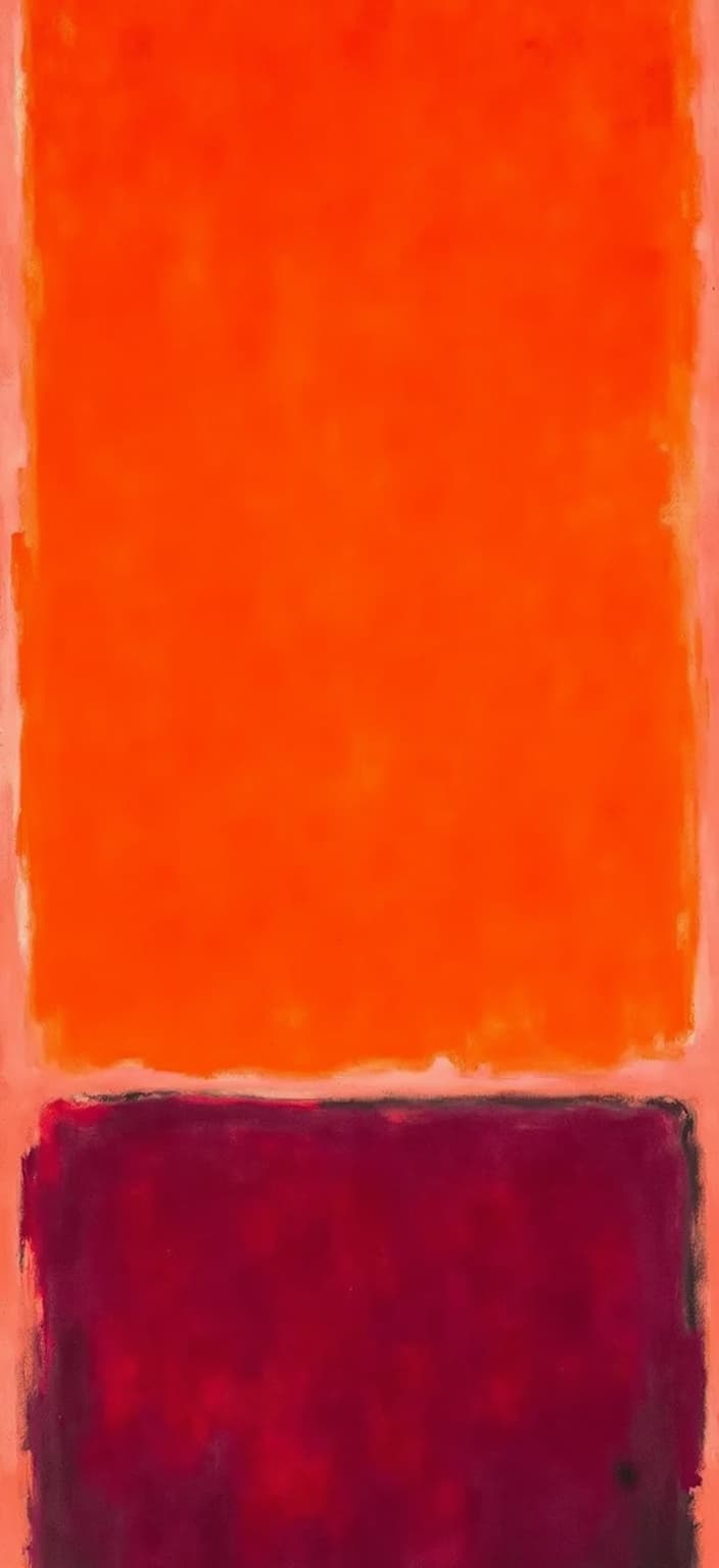 rothko, Create a captivating digital wallpaper showcasing abstract color fields in a harmonious blend of red and orange. The painting should draw inspiration from a style known for its complex layering of translucent colors, where light filters through, endowing the artwork with an ethereal "inner light" and remarkable luminosity. At a close vantage point, the colors should appear to melt and fuse seamlessly, with intentionally blurred boundaries that gently bleed into one another. From afar, envision these soft-edged rectangles of vibrant hues floating effortlessly across the canvas—weightless zones of color that captivate the viewer's gaze. The richly varied surfaces feature paint drips and strokes that defy convention, moving in unexpected directions to add depth and intrigue. Ensure the composition is centered, creating a crisp and clean look that is perfect for digital wallpaper, inviting viewers into a world of serene abstraction and radiant color interplay.
