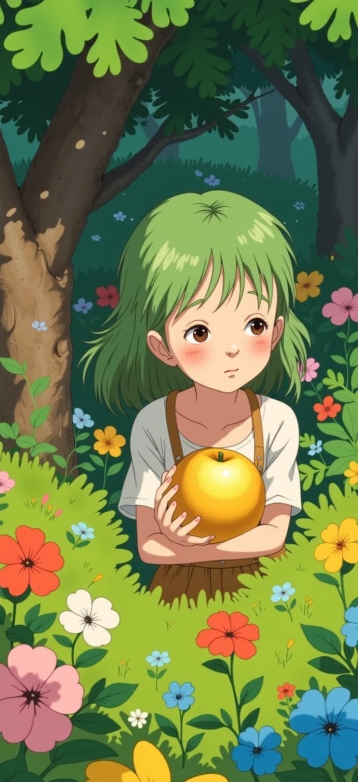 ghibli_illustration, Create an enchanting digital wallpaper featuring a girl with green hair and half-lidded eyes, gently holding a golden apple, her gaze fixed upon it with a sense of wonder. Her hair flows gently around her, infused with subtle highlights that catch the light. Resting against a backdrop of a lush, richly detailed landscape, the scene is adorned with an assortment of trees and vibrant, colorful flowers. Each element exudes a hand-drawn animation style, with expressive character designs that capture the girl's contemplative and serene demeanor.
The composition is steeped in bright, whimsical colors, with painterly textures that lend a soft, inviting feel to the artwork. Pencil sketches and subtle imperfections enhance the organic movement of the piece, immersing the viewer in a warm, nostalgic ambiance. The lighting is warm and natural, casting a cozy glow that wraps around the subject and her surroundings, contributing to the inviting mood.
The golden apple, central to the image, gleams with a gentle luster, symbolizing a sense of wonder and discovery. The richly detailed background breathes life into the scene, with everyday objects and textures meticulously rendered, making each element feel tangible and lived-in. Soft, muted colors are used throughout, maintaining a dreamy, nostalgic quality, while avoiding harsh contrasts to ensure harmonious integration of all elements.
The image is centered perfectly to ensure a crisp and clean look, ideal for digital wallpaper, capturing the essence of a whimsical, joyfully nostalgic aesthetic that transports the viewer to a place of serene beauty and gentle enchantment.