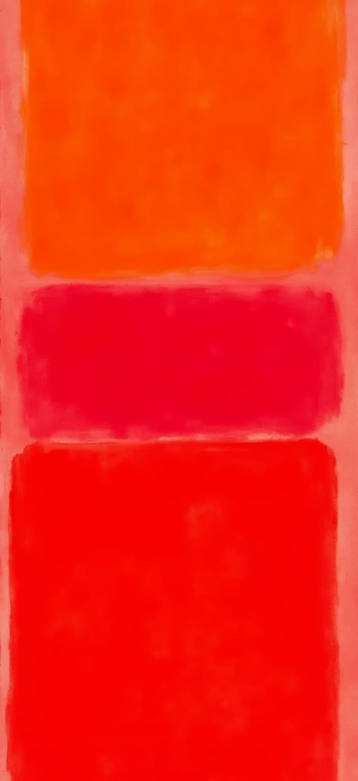 rothko, Create a digital painting centered and meticulously crafted for digital wallpaper, featuring abstract color fields dominated by vibrant shades of red and orange. Drawing inspiration from a style that emphasizes complex layering of translucent colors, allow light to filter through the composition, imbuing the piece with a sense of inner luminosity. Up close, the colors should appear to melt and fuse together seamlessly, with blurred and indistinct boundaries between the various shapes. From a distance, the arrangement should reveal soft-edged rectangles that seem to hover weightlessly across the canvas, like floating zones of color in a harmonious dance. The richly varied surfaces should be accentuated by paint drips or strokes running in unconventional directions, adding a dynamic and organic texture to the artwork. The overall effect should be one of ethereal beauty, making it an ideal centerpiece for digital wallpaper, offering a captivating and immersive visual experience suitable for any digital display.