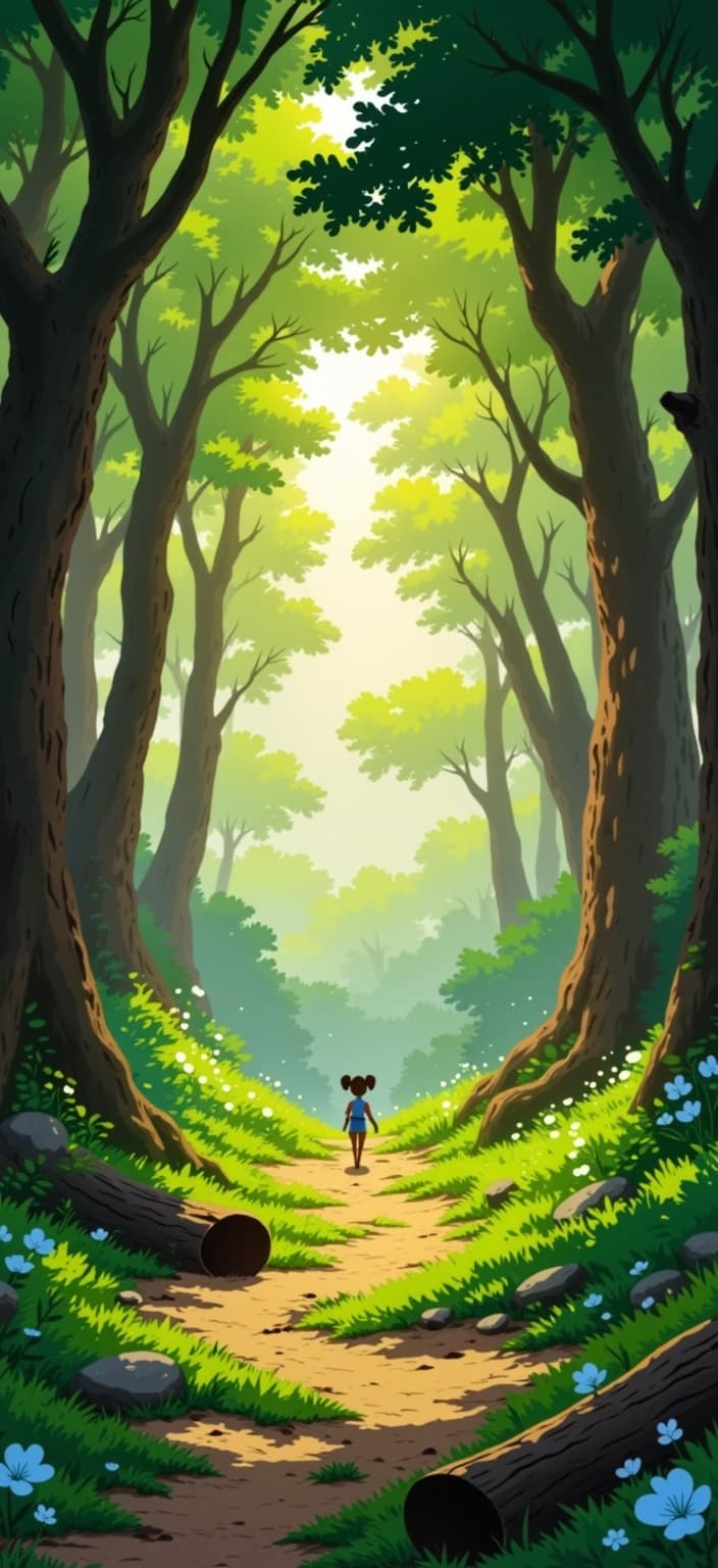 ghibli_illustration, In the heart of a magical forest, tiny spirits dance and frolic amidst the towering trees, their ethereal forms glowing softly in the warm, natural light that filters through the verdant canopy above. Each spirit is meticulously detailed, their expressive designs reminiscent of hand-drawn animation with a whimsical and joyful aesthetic. They exude a sense of organic movement, their forms subtly imperfect yet deeply charming.
The forest itself is a masterpiece of richly detailed backgrounds, with every leaf, branch, and patch of moss rendered with painterly textures that convey a sense of depth and life. The scene feels tangible and lived-in, as everyday objects like fallen logs, shimmering puddles, and delicate wildflowers are intricately depicted, adding to the enchanting atmosphere.
The color palette is vibrant yet slightly muted, creating a dreamy, nostalgic quality. The gentle interplay of light and shadow avoids harsh contrasts, instead bathing the scene in a cozy, inviting glow. This warm illumination highlights the tiny spirits with precision, ensuring they remain the focal point, accurately proportioned and clearly visible.
The overall composition is centered, providing a crisp, clean look that captures the essence of a hand-drawn feel with pencil sketches. This dreamy forest scene is designed to be a digital wallpaper, perfectly suited for bringing a touch of magic and whimsy to any space.