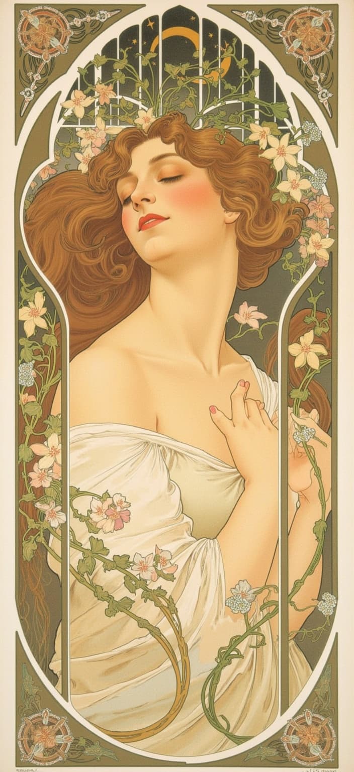 mucha, The painting captures a headshot of a beautiful young woman, her face serenely turned towards the camera. Her expression exudes a timeless beauty, characterized by graceful features and a gentle, captivating gaze. Her flowing hair cascades around her, intertwining with the elegant motifs of the background, creating a sense of unity between her and the surrounding elements.
The style draws heavily from the flowing, organic lines and intricate decorative patterns found in the Art Nouveau movement. The background is a harmonious blend of natural motifs—delicate flowers, winding vines, and celestial elements—set against a highly stylized and dreamlike backdrop. The color palette is a delicate sweep of soft pastels and ethereal hues, echoing the signature blend of Alphonse Mucha’s art.
Exuberant floral motifs weave throughout the composition, composed of sinuous vines and blooming flowers that lend a refined, ornamental quality to the image. Subtle geometric patterns interlace to enhance the dreamlike aura, creating a romantic aesthetic that merges fine art with exquisite design.
Enclosing the entire scene is an elaborate ornamental frame inspired by a grand Gothic window. Its sweeping curves and detailed embellishments are adorned with organic patterns, flowers, and celestial symbols, serving not only as a visual unifier but also as a gateway into a poetic realm where nature and human emotion intertwine harmoniously.
This painting, centered and meticulously composed, is perfect for a digital wallpaper, offering a crisp, clean look suitable for display, evoking the serene beauty and rich artistry reminiscent of a bygone era.