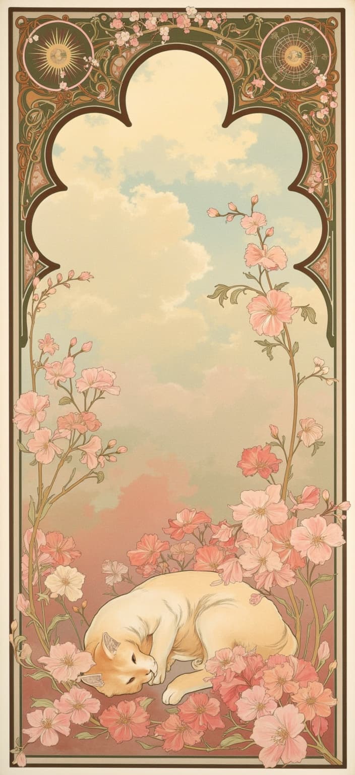 mucha, Title: Whiskers in Paradise
In a captivating dreamscape that blends the boundaries between the natural world and the realm of design, a charming scene unfolds featuring the enchanting presence of a serene cat amidst a lush expanse of pink flowers. Rendered in a style inspired by the graceful elegance of Mucha, this composition captures a harmonious balance of flowing, organic lines and intricate decorative patterns.
At the heart of the painting, the feline subject rests, its fur a delicate tapestry of soft pastels that melt seamlessly into the surrounding floral bounty. Each pink blossom unfurls with exquisite detail, their petals a symphony of subtle blush tones that dance in gentle contrast to the cat's serene demeanor. The flowers, intertwined with sinuous vines, meander across the canvas, weaving through the air like the strands of a gentle melody.
Behind this central tableau, a highly stylized background emerges, infused with a dreamlike, romantic aesthetic. Delicate colors swirl harmoniously, creating a celestial atmosphere that drifts seamlessly between earthly beauty and ethereal wonder. Subtle geometric patterns lace through the composition, adding an ornamental quality that elevates the visual experience.
Encapsulating the entire scene, an elaborate ornamental frame stands as a testament to Gothic grandeur. Its sweeping curves and meticulous embellishments echo the silhouette of a grand window, drawing the viewer into a world where nature and emotion entwine with poetic grace. This border, adorned with organic motifs, flowers, and celestial symbols, acts as both a visual anchor and an invitation to explore a realm beyond the ordinary.
This painting, meticulously centered, is tailored to adorn digital wallpapers, ensuring a crisp and clean aesthetic that enhances any digital space, inviting those who behold it to escape momentarily into a world where nature and beauty reign supreme.