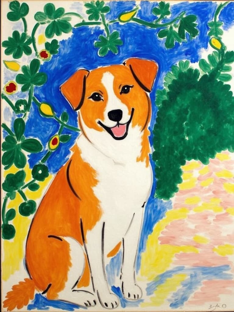 mattise_nice, Enriched prompt:
Imagine a vivid painting that captures the essence of joy through the depiction of a smiling dog, inspired by the "Matisse in Nice" style. The dog, a delightful subject, exudes warmth and happiness, its eyes sparkling with playful mischief set against a vibrant backdrop. Incorporating the lush colors and bold patterns reminiscent of Henri Matisse's time in Nice, the composition marries rich blues, lively greens, and warm yellows that dance across the canvas. The environment around the dog is subtly abstract yet inviting, with hints of Mediterranean influence—perhaps a glimpse of sun-dappled gardens or a suggestion of coastal breezes. The painting is centered perfectly, ensuring a harmonious balance and a clean, polished look, ideal for transforming into captivating wall art that brings light and cheer to any space.