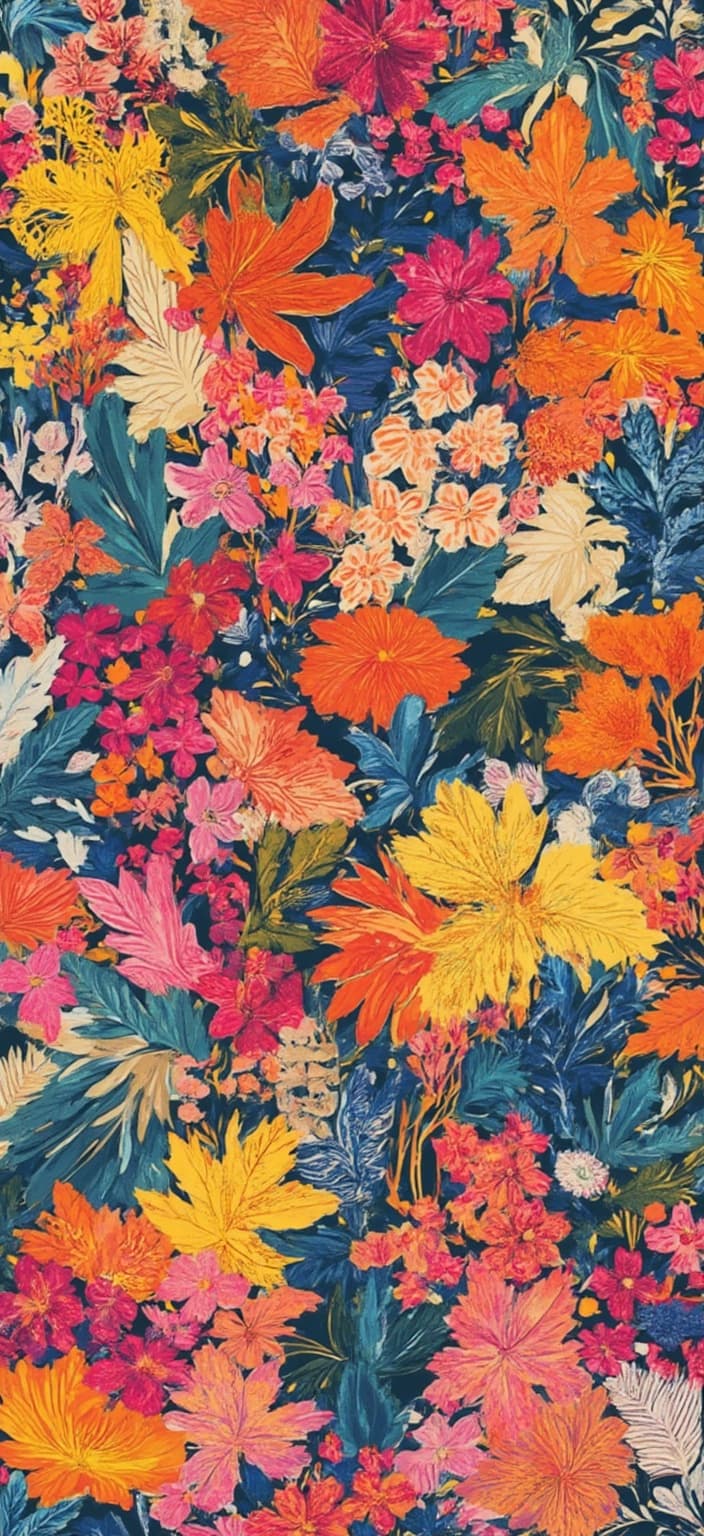 colorful_illustration, A captivating vintage botanical drawing unfolds across the canvas, meticulously depicting a variety of lush plants in vibrant, vivacious hues. Each plant is rendered with a playful, hand-drawn authenticity, echoing the dynamic spirit of a lively garden in full bloom. This enchanting composition draws inspiration from the lavish and decorative style of Scandinavian folk art and mid-century botanical prints, blending bold organic shapes with intricate and delicate details.
The background is adorned with a tapestry of organic shapes that seamlessly intertwine with scattered decorative elements such as whimsical dots, swirling patterns, and abstract motifs. This rich embellishment adds a luxurious layering of colors and patterns, creating a mesmerizing sense of depth and movement.
Radiating from the center, the canvas features a harmonious arrangement of leaves and floral elements, their graceful forms suggesting a natural, free-flowing quality. The lush foliage and blossoming flowers are exquisitely detailed, each petal and leaf meticulously illustrated to capture the essence of their natural beauty.
The overall composition is carefully centered, ensuring a crisp, clean look that is perfect for printing as a digital wallpaper. This vivid artwork promises to transform any space, infusing it with a burst of life and color, inviting viewers to lose themselves in the dynamic and enchanting world of vintage botanical art.
