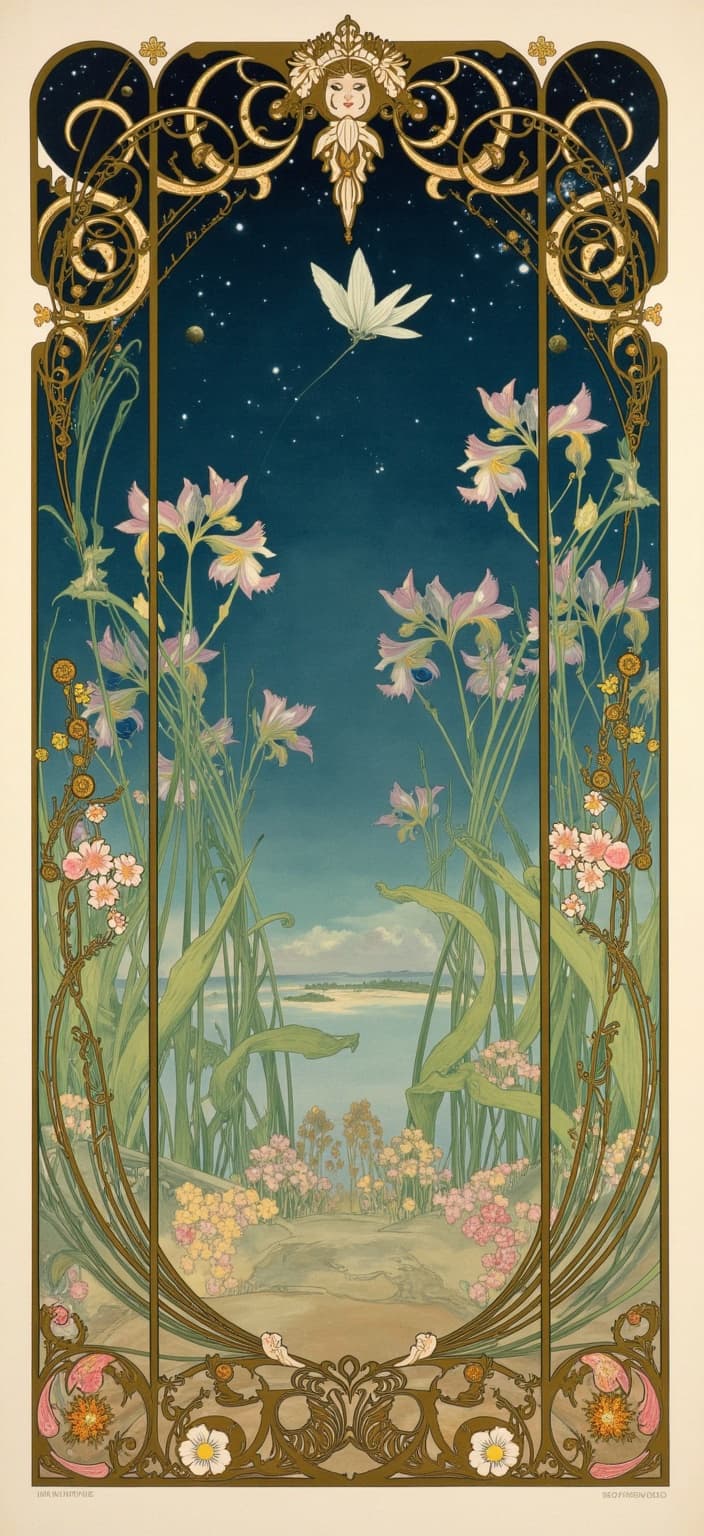 mucha, Create a mesmerizing and dreamlike painting set at the edge of a tranquil lake under a vast starry night sky. The scene is infused with the ethereal elegance of Art Nouveau, drawing inspiration from the flowing, organic lines and intricate decorative patterns that define the works of Alphonse Mucha. In the foreground, delicate iris flowers and graceful bullrushes stand among gently swaying reeds, their forms captured in exquisite detail and elegance. Amidst this natural setting, vibrant damselflies and dragonflies flutter effortlessly, weaving through the scene with a gentle grace.
The composition is alive with sinuous vines that coil and twist through the painting, adorned with blooming flowers that exude a romantic tranquility. The color palette is harmonious, featuring soft, delicate hues that evoke a sense of dreamlike serenity. The background is highly stylized, seamlessly blending fine art and design to create an otherworldly, poetic atmosphere.
An ornate ornamental border frames the scene, crafted in the classic Art Nouveau style with dynamic whiplash curves and swirling vines. This elaborate frame, rich with organic patterns and laced with flowers, serves as a captivating gateway into this magical realm. The asymmetrical sides of the border reflect nature's inherent unpredictability, enhancing the enchanting and whimsical quality of the work.
The entire piece is designed to be a digital wallpaper, providing a captivating and immersive background on a smartphone, where the viewer is invited into this harmonious blend of nature and art, a realm where celestial elements and floral motifs merge into a dreamlike tapestry of beauty and tranquility.