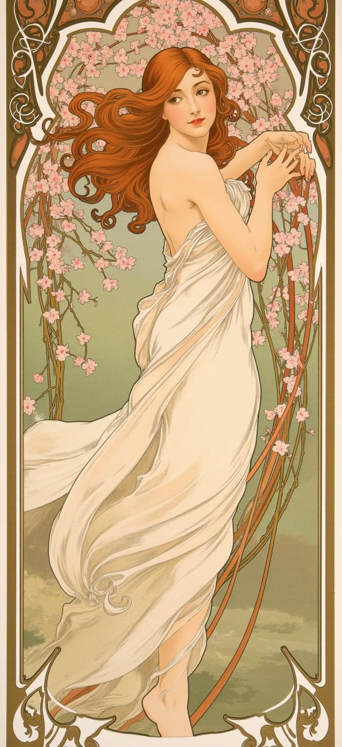 mucha, In a captivating Art Nouveau style, a graceful fairy with cascading auburn hair stands centered beneath a canopy of blooming cherry blossoms. Her ethereal presence is accentuated by a gown crafted from layers of delicate petals, creating an almost celestial garment that mirrors the natural elegance surrounding her. Vines, adorned with tiny flowers, wrap lovingly around her arms, complementing the serene yet lively atmosphere of the scene. The background features flowing, organic lines and intricate decorative patterns that weave together, forming a harmonious blend of natural motifs.
Set against a highly stylized backdrop, the scene exudes a dreamlike, romantic aesthetic. It's a dance of fine art and design, enriched with a palette of delicate colors reminiscent of Mucha’s masterpieces. Exuberant floral motifs interlace with sinuous vines and subtle geometric patterns, all contributing to the composition's refined, ornamental quality.
Encircling the entire image is a stylized Art Nouveau frame. This elegant border, reminiscent of a grand Gothic window, is embellished with sweeping curves, detailed gold filigree, and intricate embellishments. Adorned with organic patterns, flowers, and celestial symbols, the frame serves as both a visual unifier and a gateway into a dreamlike realm. Here, nature and human emotion intertwine in poetic harmony, making the digital wallpaper an exquisite piece suitable for any space that seeks to evoke an aura of timeless beauty and enchantment.