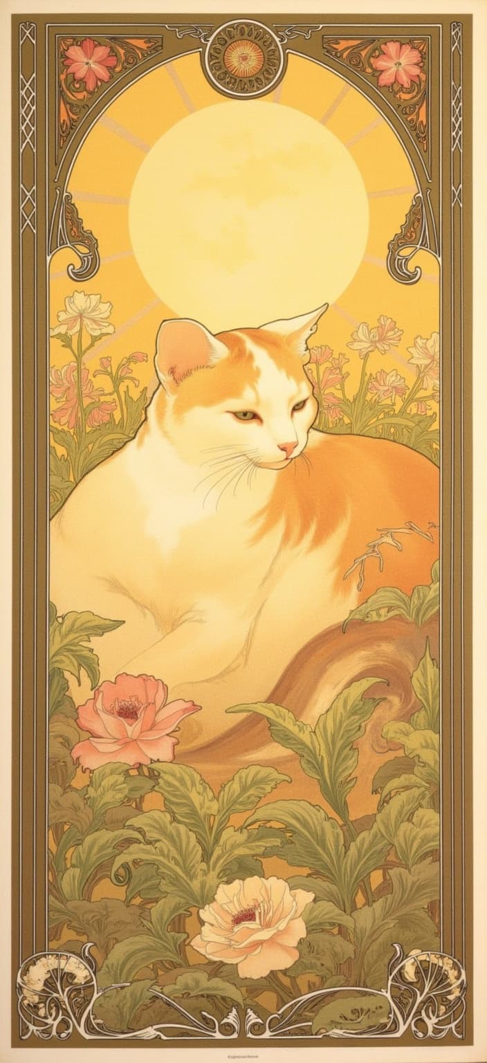 mucha, The painting features a serene scene of a cute chiller cat basking in the sunlight, embodying tranquility and relaxation. The cat, with its fur glistening softly in the golden sunshine, is at the center of the composition, nestled comfortably amidst a lush garden setting. Delicate flowers and sinuous vines surround the feline, their intricate details meticulously rendered to create a harmonious blend of natural motifs that envelop the viewer in a dreamlike atmosphere.
The entire scene is framed in the style reminiscent of Alphonse Mucha, characterized by flowing, organic lines and intricate decorative patterns. The background is a tapestry of stylized floral designs and celestial symbols, imbuing the painting with a romantic and poetic charm. The color palette is soft and delicate, with warm hues that enhance the serene ambiance of the piece.
Encircling this idyllic vision is an elaborate ornamental frame, its sweeping curves and detailed embellishments reminiscent of a grand Gothic window. This intricate border, adorned with organic patterns, flowers, and celestial symbols, acts as a visual gateway into a peaceful realm where nature and tranquility merge seamlessly. The painting is designed for digital wallpaper, ensuring a crisp and clean look that enhances any digital device with its enchanting and refined composition.