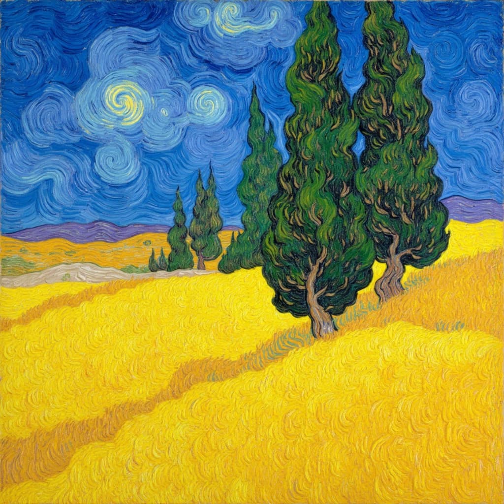 van_gogh, Enriched prompt: Imagine a captivating scene of a wheat field with cypress trees, painted in a vibrant and emotionally charged style. The painting bursts with intense color and dynamic brushwork, capturing the essence of nature's beauty in a way that feels both deeply personal and universally compelling. The wheat fields are rendered in vivid, rich yellows, applied in thick, impasto layers that create a sense of movement and emotional depth. The cypress trees rise majestically from the field, their rich greens contrasting boldly against a sky of swirling blues and oranges. These bold complementary color contrasts heighten the visual impact and add to the painting's intensity.
The brushstrokes are loose and energetic, with swirling, flame-like patterns that give the painting a rhythmic, almost pulsating quality. This dynamic touch, combined with vigorous, linear patterns, breathes life into the scene, evoking a sense of motion and vitality. The sky is alive with shades of blue and orange, while hints of purple and yellow dance within the field, creating a harmonious yet striking composition.
Centering the scene for a crisp, clean look, this artwork is designed to be the perfect digital wallpaper. It transforms any digital space into a canvas of emotional depth and visual intensity, inviting viewers to lose themselves in its rich tapestry of colors and movement.
