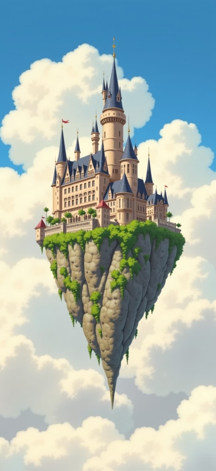 ghibli_illustration, Enriched prompt:
The painting captures a magnificent flying castle suspended amidst a sea of fluffy, cotton-like clouds. The scene is brought to life with a style inspired by hand-drawn animation, where every cloud and stone of the castle is imbued with richly detailed textures and a sense of organic movement. Pencil-sketch-like nuances and subtle imperfections lend an authentic hand-drawn feel, while the vibrant, yet slightly muted, color palette casts a whimsical and joyful aesthetic over the composition.
The castle itself features towering spires and elegant turrets, intricately adorned with ivy and delicate carvings that reflect the richly detailed backgrounds characteristic of this style. The warm, natural lighting bathes the scene in a cozy, inviting glow, enhancing the dreamlike quality of the image. Everyday elements, like weathered stones and wooden beams, are meticulously rendered, making the castle appear tangibly real and lived-in.
The clouds swirl around the castle with gentle motion, creating an ethereal backdrop that feels alive. The composition maintains a harmonious balance, ensuring the castle is proportioned accurately and clearly visible, as it majestically floats in the serene sky. This delightful scene, with its nostalgic, storybook charm, is perfectly centered to create a crisp, clean look, ideal for digital-wallpaper.