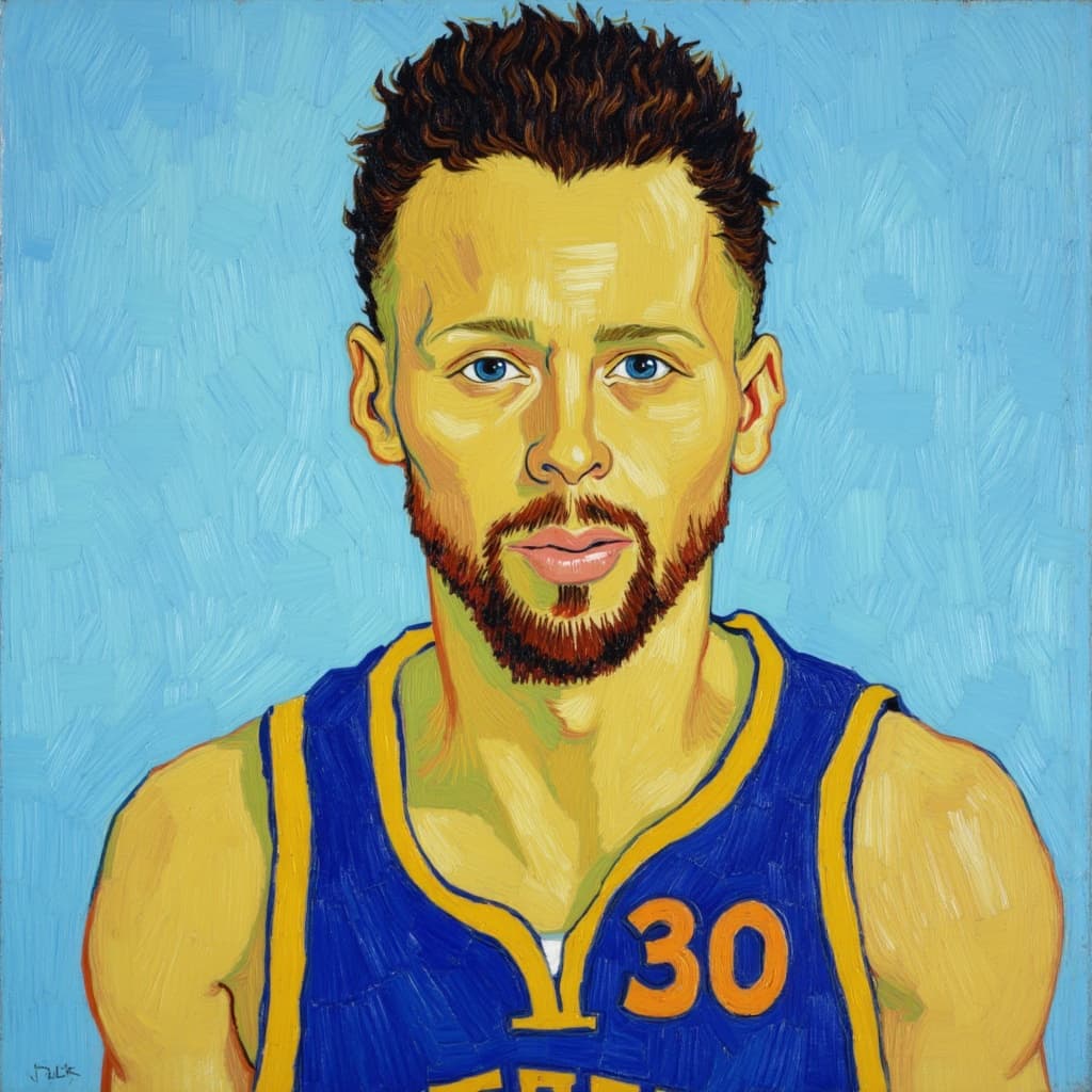 van_gogh, Create a captivating portrait of NBA player Stephen Curry, capturing his dynamic presence and athletic prowess. His face, with its determined expression, should be vividly detailed, showcasing the intensity and focus that defines his career. The painting features a light blue background, enhancing the subject with a serene yet striking contrast. He is donning his iconic jersey, proudly displaying the number 30, which should be rendered with meticulous attention to detail, ensuring its clarity and significance.
This artwork draws inspiration from an expressive style characterized by intense color, dynamic brushwork, and bold compositions. The vivid, rich colors are applied in thick, impasto layers, creating a dynamic sense of movement and emotional depth, making Stephen Curry appear almost lifelike. Bold complementary color contrasts, such as blue and orange or yellow and purple, are utilized to heighten the visual impact and intensity of the piece. The brushstrokes are loose, energetic, and fluid, with swirling, curly patterns that add a rhythmic, pulsating quality to the painting.
The dynamic style, combined with vigorous linear patterns, infuses the portrait with a unique sense of motion and life, capturing Curry's essence on the court. This expressionist approach ensures the painting is not only a personal homage to the athlete but also a universally compelling piece of art. The image is centered, ensuring a crisp, clean look, making it perfectly suited for wall art, turning any space into a vibrant gallery.