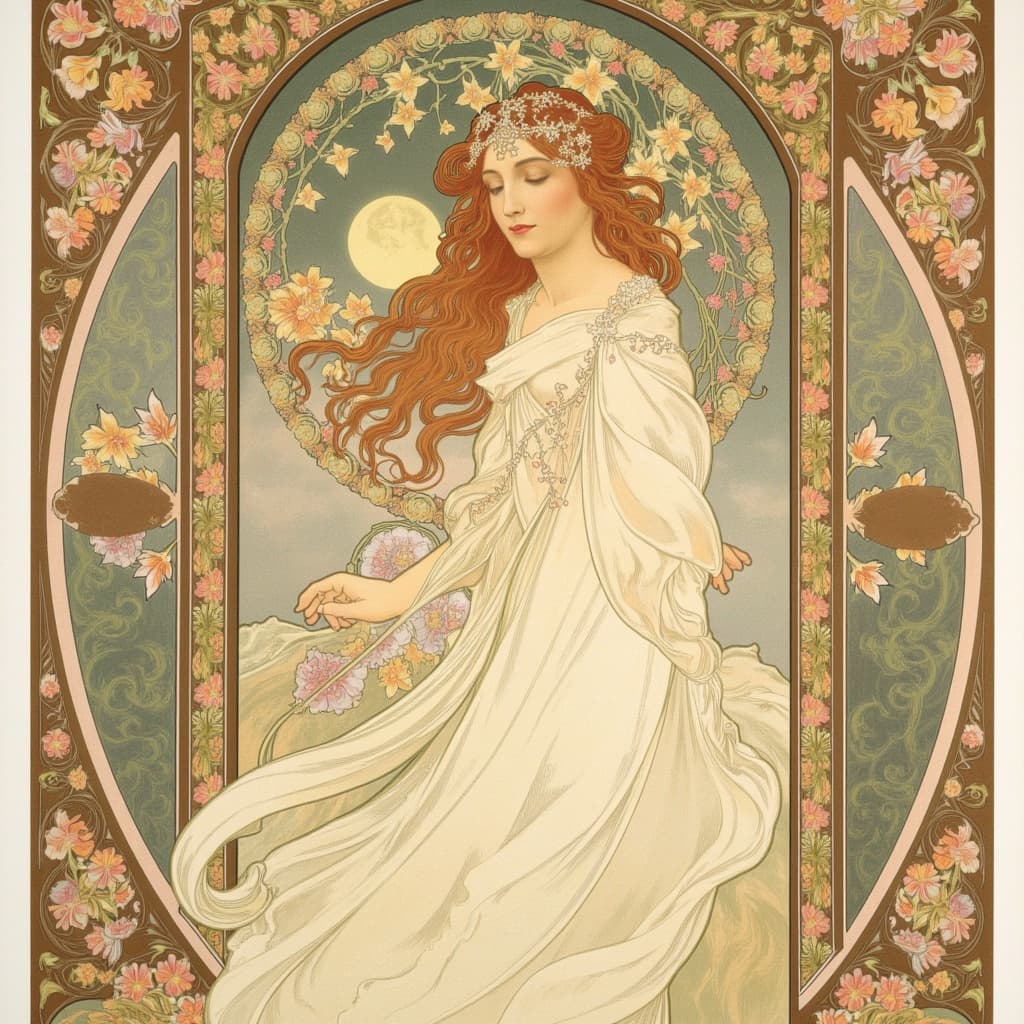 mucha, Enriched prompt:
Imagine a mesmerizing digital wallpaper featuring a nymph-like female figure, exuding an ethereal and enchanting presence. This central figure, with her graceful and almost otherworldly demeanor, is adorned with ornate decorations that blend seamlessly into her flowing hair and attire. Her delicate features are framed by cascading locks of hair intertwined with sinuous vines and blooming flowers, each petal painted in soft, pastel hues reminiscent of a romantic dreamscape.
The scene is imbued with the essence of Mucha’s flowing, organic style, where intricate decorative patterns weave through the composition like a gentle breeze. The nymph stands amidst a backdrop of celestial elements, with shimmering stars and whimsical moons gently floating above, casting a serene glow over the entire scene. The harmonious blend of these natural motifs creates an atmosphere of tranquil beauty, inviting the viewer to lose themselves in this enchanting world.
Surrounding the imagery is a magnificent ornamental frame, echoing the grandeur of a Gothic window with its sweeping curves and elaborate embellishments. This intricate border, adorned with organic patterns of flowers and celestial symbols, not only highlights the central figure but also serves as a passage into a dreamlike realm where nature and human emotion coexist in exquisite harmony. The delicate and refined color palette, exuberant with floral motifs and enhanced by subtle geometric patterns, lends the piece a refined, ornamental quality, perfect for a digital wallpaper that offers a window into this poetic sanctuary.