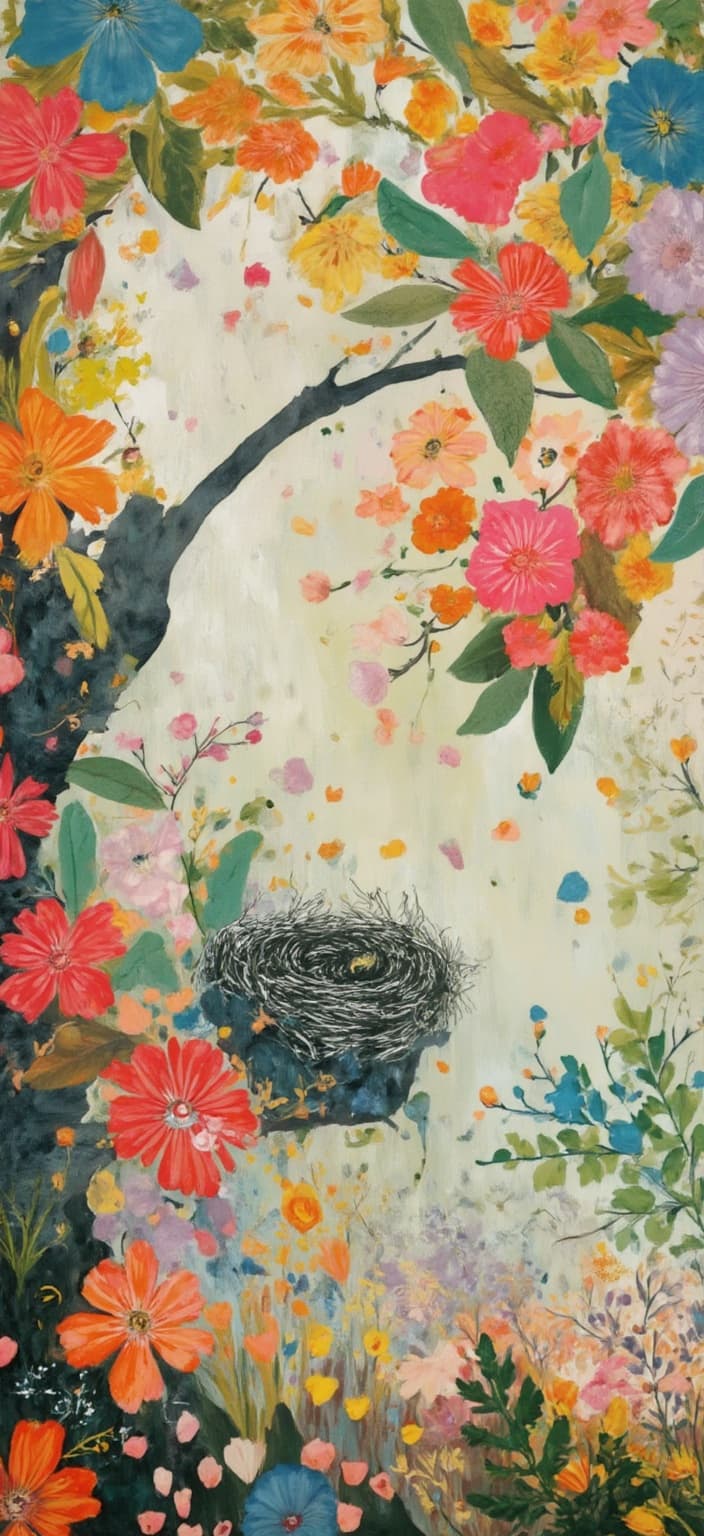 colorful_illustration, The painting captures a serene and enchanting scene, where rain-speckled petals adorn the branches of magnificent trees. Each petal glistens with tiny droplets, reflecting the vibrant spectrum of colors—rich reds, deep blues, and vivid yellows. The foggy background creates a soft, ethereal atmosphere, blending seamlessly into the foreground, where a sense of mystery and tranquility lingers.
Nestled in the crook of one of these majestic trees, a bird’s nest is delicately woven with twigs and leaves. Inside, the nest holds the precious promise of life in the form of chicks or eggs, symbolizing hope and renewal. This central element adds a dynamic focal point, drawing the viewer's eye into the heart of the composition.
The entire landscape is alive with a sense of playful movement and intricate detail, echoing the vibrant and colorful illustration style. Organic shapes and scattered decorative elements such as abstract swirls, dots, and motifs dance harmoniously across the canvas, reminiscent of Scandinavian folk art and mid-century botanical prints. The lavish, decorative style of the painting is accentuated by luxurious layers of colors and patterns, creating depth and movement.
The harmonious blend of radial floral patterns and bold, organic shapes contributes to a serene yet dynamic hand-drawn feel. This enchanting artwork, centered perfectly for a digital wallpaper, is designed to captivate and inspire with its intricate composition and vibrant energy, ensuring a crisp and clean aesthetic suitable for any digital display.