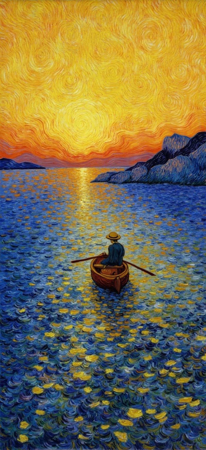 van_gogh, In the center of this expressive and vibrant painting, a small rowboat glides gracefully through the enchanting scene, carrying a solitary figure whose straw hat subtly tilts as he faces the horizon. The artistry captures him from behind, cloaking him in mystery against the backdrop of a mesmerizing sunset. The waves, painted with a rhythmic fluidity, undulate with gentle grace, reflecting a cascade of warm, sunlit hues that blend seamlessly with the sky above.
The artwork, inspired by a style celebrated for its intense use of color and dynamic brushwork, employs vivid, rich colors applied in thick, impasto layers. This technique breathes life into the scene, creating a sense of movement and emotional depth. The vibrant palette plays with bold complementary contrasts—the cool, tranquil blues of the water dance against the fiery oranges of the sky, while subtle hints of yellow and purple inject additional vibrancy and intensity.
Loose, energetic brushstrokes swirl across the canvas, forming curly, flame-like patterns that impart a rhythmic, almost pulsating quality to the work. This dynamic touch, coupled with vigorous, linear patterns, ensures a unique sense of motion and life within the painting. Infused with raw emotion and a sense of urgency, the artwork resonates as both deeply personal and universally compelling, making it an ideal choice for a digital wallpaper that transforms any space with its captivating energy.