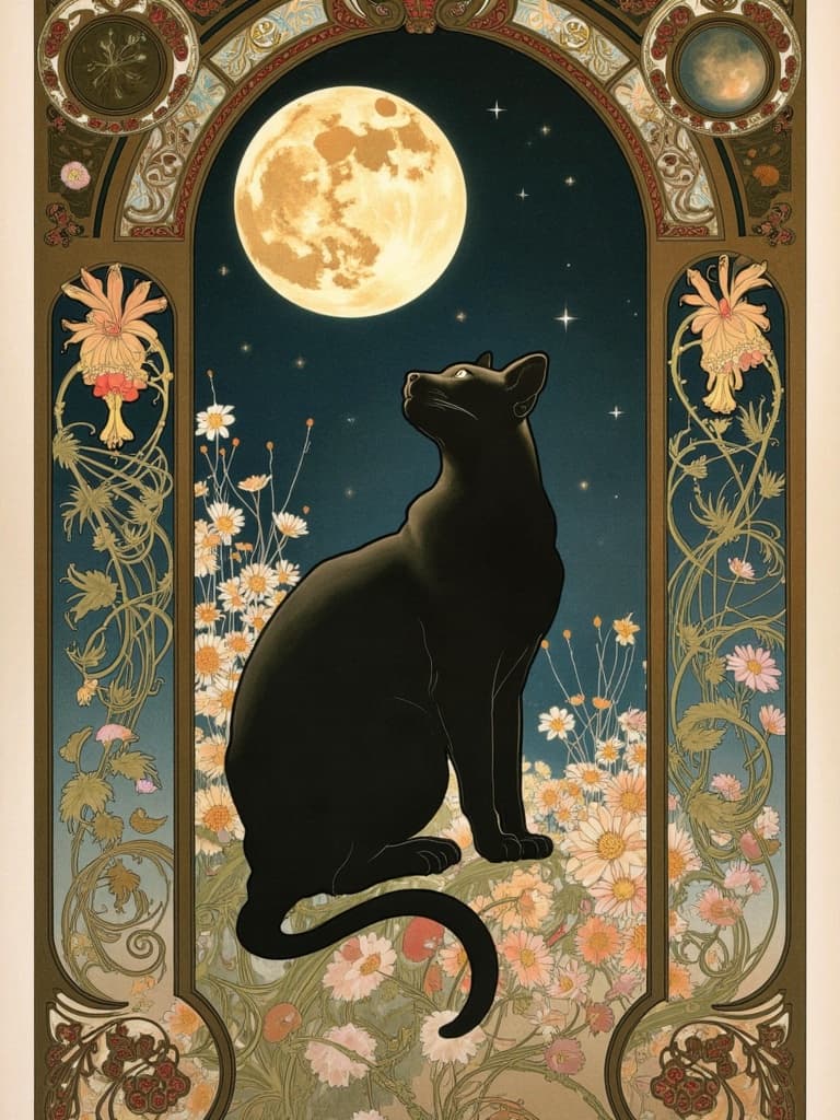 mucha, Enriched prompt:
The painting features a mesmerizing scene where a sleek, black cat is centered, gazing up at the sky. The cat's fur is a blend of inky midnight shades, capturing the subtle sheen of moonlight. Above, the night sky is a deep, velvety canvas, punctuated by a radiant full moon that casts its silvery glow across the scene. Stars twinkle gently, adding a touch of celestial magic to the tranquil night.
The overall composition is in the style inspired by Alphonse Mucha, characterized by flowing, organic lines and intricate decorative patterns. The background is an artistic tapestry of natural motifs, blending lush, sinuous vines with blooming flowers and celestial elements, evoking a dreamlike, romantic aesthetic. Delicate colors imbue the scene, with soft pastels contrasting against the dark night, while exuberant floral motifs weave in and out of the frame, introducing a refined, ornamental quality.
The painting is encapsulated within an elaborate ornamental frame, reminiscent of a grand Gothic window. This intricate border, with its sweeping curves and detailed embellishments, is adorned with organic patterns, flowers, and celestial symbols. It serves as both a visual unifier and a gateway into this ethereal scene, where the mysterious allure of the night and the grace of the natural world harmoniously intertwine.
This captivating image is designed to be used as a digital wallpaper, ensuring a crisp, clean look suitable for any screen, offering a portal into a peaceful, otherworldly realm every time the device is viewed.