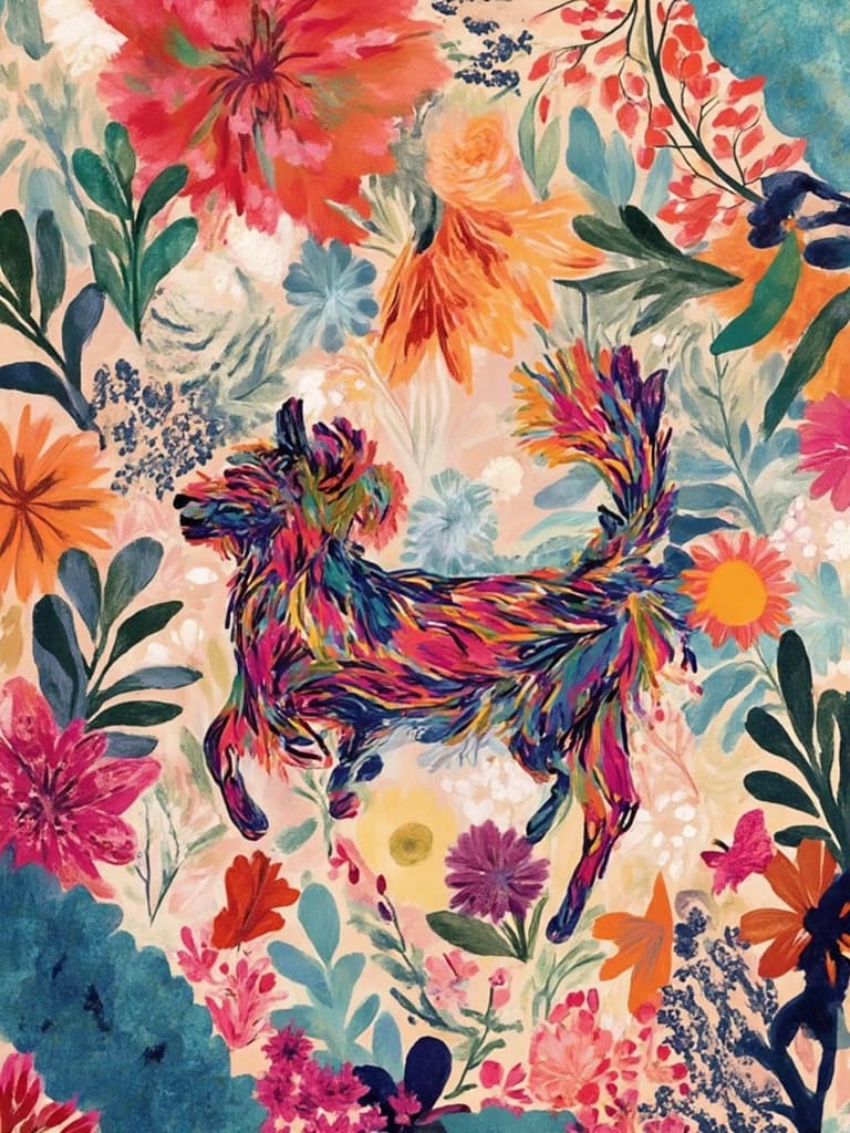 colorful_illustration, In the center of the canvas, a joyful dog is captured mid-leap, its fur a tapestry of vibrant, swirling colors that capture the dynamism and happiness of the scene. The dog's ears flap in the air, and its mouth is open in a joyous expression, conveying a sense of uncontainable excitement and freedom. The background is alive with an array of organic shapes and scattered decorative elements that dance around the central figure. Lush, mid-century botanical leaves and floral elements are interwoven with abstract motifs, such as swirling dots and gentle, flowing lines, all harmoniously arranged to provide a whimsical, yet sophisticated backdrop.
This composition draws inspiration from vibrant and colorful illustration styles, evoking a playful, dynamic, and hand-drawn feel. Layers of rich colors and patterns overlap, crafted with a luxurious touch that ensures a sense of depth and movement throughout the piece. The intricate blending of bold organic shapes with delicate details invites the viewer into a scene where lavish decorative styles and the influence of Scandinavian folk art mingle seamlessly.
Designed specifically for digital wallpaper, the imagery is meticulously centered to offer a crisp and clean aesthetic, ideal for enhancing digital spaces with its exuberant energy and artful elegance. The elements are balanced to ensure the jumping dog remains the focal point, while the intricate background provides a captivating yet harmonious accompaniment.