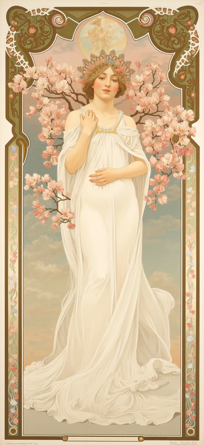 mucha, The painting features a regal figure, exuding an aura of serene elegance, adorned with an elaborate magnolia crown that sits proudly upon their head. The figure is draped in a flowing white gown, its ethereal fabric cascading in soft waves to the ground, capturing the essence of grace and purity. Their presence is framed by stylized magnolia branches in enchanting pastel pinks and shimmering gold, as if nature itself is paying homage to their royal grace.
The scene is painted in a style that draws inspiration from flowing, organic lines and intricate decorative patterns. The background is a soft, painterly field that blends seamlessly into the elements of the foreground, creating a harmonious blend of natural motifs. Flowers, vines, and celestial elements intertwine with sinuous fluidity throughout the composition, evoking a dreamlike, romantic aesthetic synonymous with the art of Alphonse Mucha. Delicate colors imbue the scene with an exuberant yet refined quality, while subtle geometric patterns enhance the ornamental allure of the piece.
The entire tableau is enclosed within an elaborate ornamental frame, its sweeping curves and detailed embellishments harking back to the grandeur of a Gothic window. This intricate border, adorned with organic patterns, blooming flowers, and celestial symbols, not only unites the composition visually but also acts as a gateway into a realm where nature and human emotion are poetically intertwined.
Designed with care for a digital-wallpaper, the centered composition ensures a crisp and clean look, making it suitable for transforming any digital space into a serene escape. This work of art captures the ethereal beauty and intricacy of nature, rendered with the elegance and ornamental grace that invites the viewer to dwell within its dreamlike embrace.
