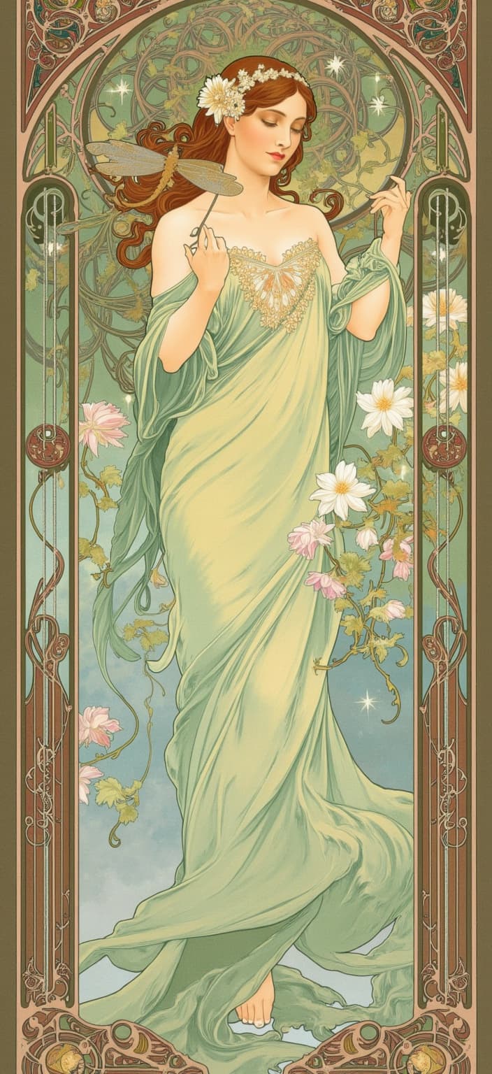mucha, A captivating painting captures the essence of a damselfly, elegantly poised at the heart of the composition. The damselfly, with its iridescent wings delicately stretched, is depicted amidst a tapestry of flowing, organic lines and intricate decorative patterns. The wings shimmer in a kaleidoscope of soft, ethereal colors, reflecting a harmonious blend of greens, blues, and subtle purples, creating a sense of movement and grace as if the damselfly is perpetually in flight.
Surrounding the damselfly are an abundance of natural motifs—luxuriant vines winding their way around the scene, weaving through a dreamlike background that exudes a romantic aesthetic. Blooming flowers, with their petals unfurling in exuberant splendor, add bursts of color and vitality, while celestial elements such as stars and crescent moons float subtly in the periphery, adding an ethereal quality to the scene.
The background is highly stylized, drawing inspiration from the flowing, organic designs characteristic of the Mucha style. Soft, delicate colors blend seamlessly, creating a tranquil yet vibrant atmosphere that transports the viewer into a realm of poetic harmony. The composition is further enriched by subtle geometric patterns interwoven with floral motifs, enhancing the decorative quality of the artwork.
Framing this enchanting scene is an elaborate ornamental border, reminiscent of a grand Gothic window. The sweeping curves and intricate embellishments of this frame are adorned with organic patterns, delicate flowers, and celestial symbols, serving as both visual unifier and gateway into this dreamlike world. This refined, ornamental boundary not only encapsulates the artwork but invites viewers into a space where nature and human emotion intertwine in exquisite harmony.
This detailed composition, with its mesmerizing blend of natural beauty and artistic design, is perfectly centered, ensuring a crisp, clean look suitable for printing as a digital wallpaper, transforming any digital space into a serene sanctuary of art and nature.