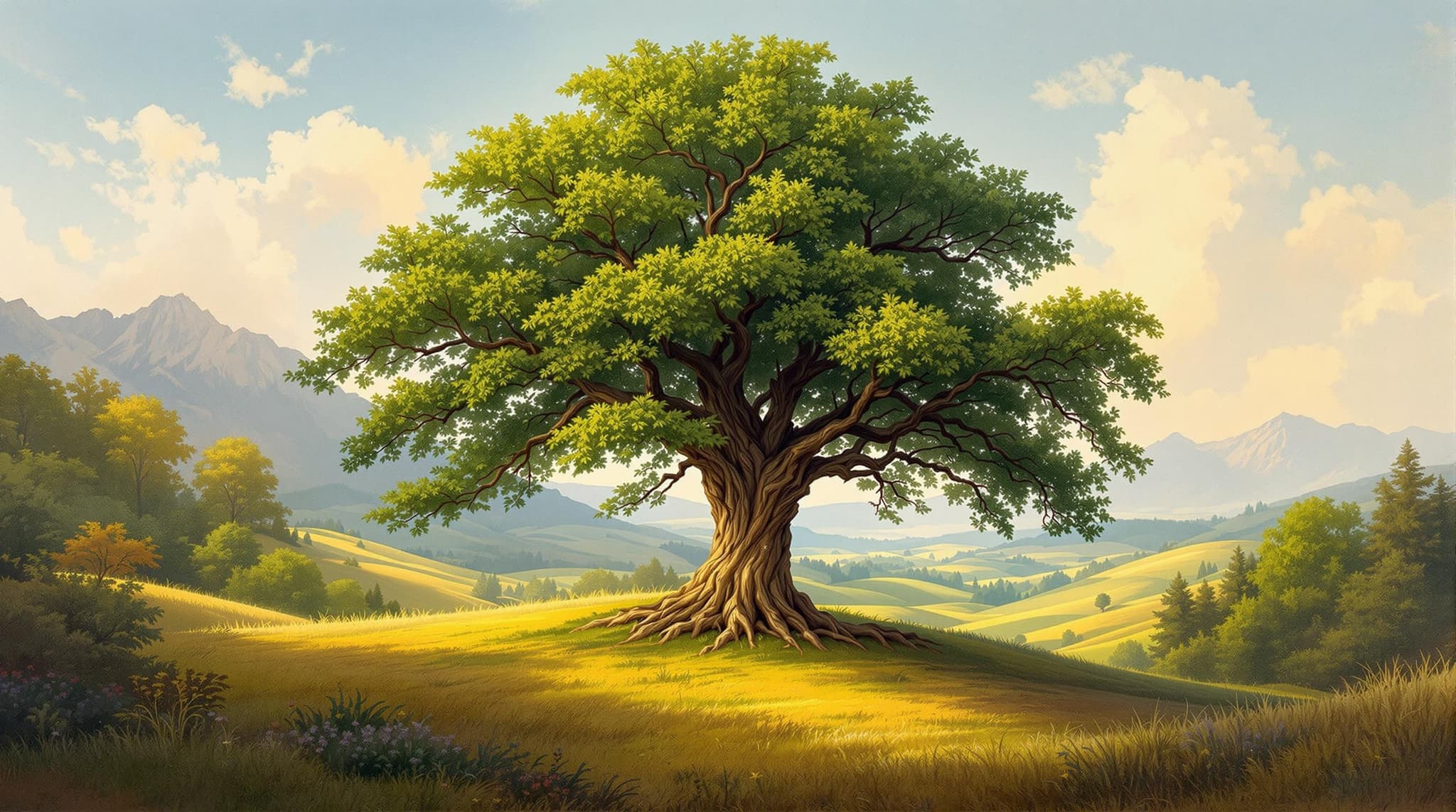 , Enriched prompt: In this classical style painting, a magnificent tree stands as the central focal point, gracefully occupying the heart of a serene valley. The tree's branches stretch out with a commanding presence, laden with lush, vibrant foliage that transitions through a symphony of greens. Each leaf is meticulously detailed, capturing the gentle play of sunlight filtering through the canopy and creating a dappled effect on the ground below. The tree's trunk is robust and textured, its aged bark telling stories of time and resilience.
Surrounding the tree, the valley unfolds in harmonious layers, with rolling hills that gently cradle the scene, their soft contours bathed in the golden hues of a setting or rising sun. In the background, a distant mountain range adds depth to the composition, its peaks kissed by a delicate mist or cloud cover. The sky above is a canvas of soft, classical colors, with wispy clouds elegantly brushed across, enhancing the tranquil atmosphere.
The entire painting is centered to ensure a crisp, clean look, making it perfectly suited for a digital wallpaper. The balanced composition draws the viewer's eye inward, inviting contemplation and providing a sense of peace and serenity suitable for any digital display.