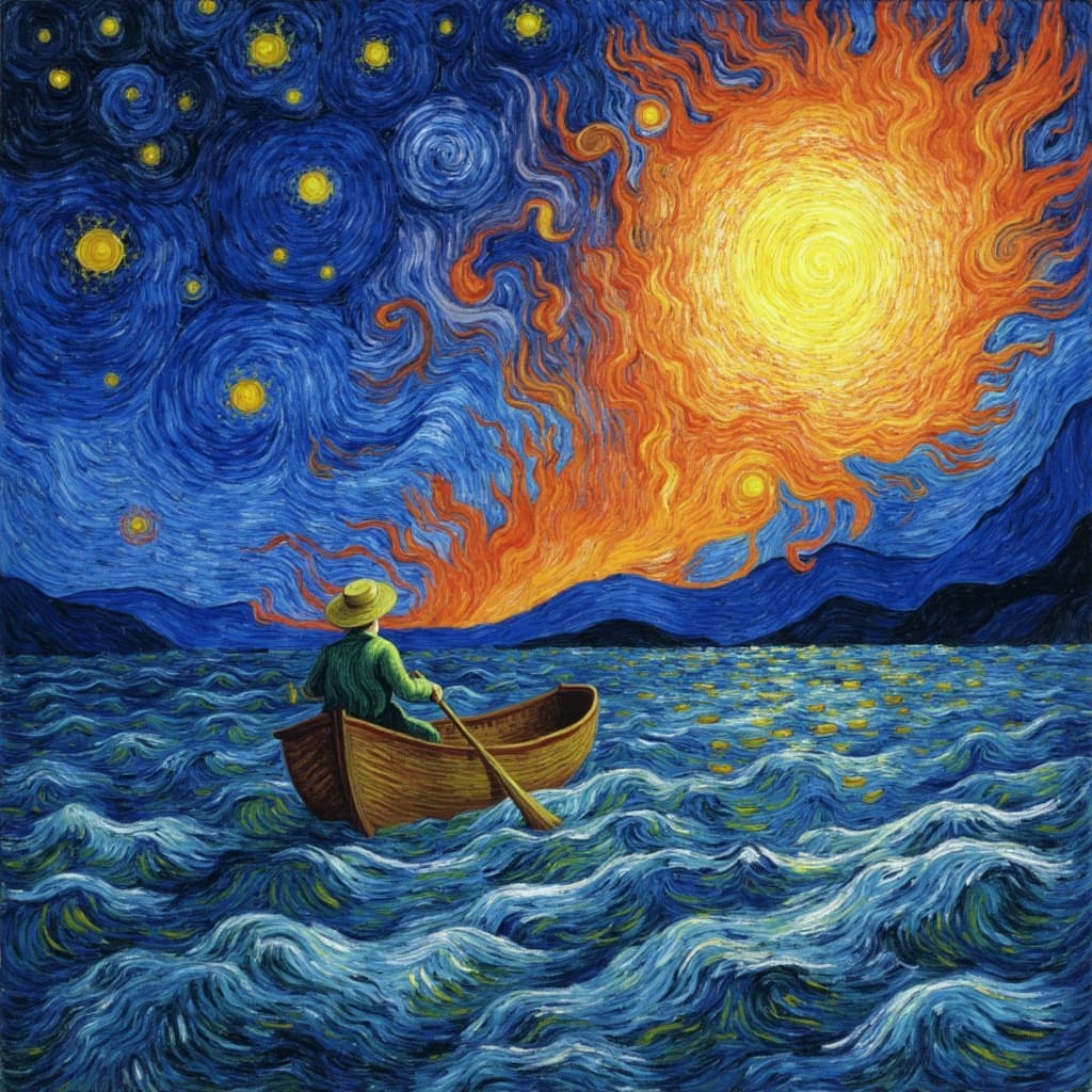 van_gogh, Enriched prompt: Imagine a captivating digital wallpaper featuring a small rowboat, carrying a solitary man donned in a straw hat, as he gracefully drifts through a sea of swirling waves, each brushstroke echoing the iconic style of Van Gogh. The scene, viewed from behind, immerses you in a world where the intense color palette of rich blues and vibrant oranges dances in bold, expressive compositions. The night sky above is a tapestry of starry wonders, with vivid purples and luminous yellows interweaving, casting their glow upon the churning waters below.
The swirling waves and sky are painted with loose, energetic brushstrokes that create a rhythmic, almost pulsating effect, reminiscent of flame-like patterns. These dynamic brushstrokes give the painting a sense of motion and life, as if the scene might change with each glance. The thick, impasto layers of paint add a tactile depth, inviting the viewer to reach out and feel the texture of the artwork.
This digital masterpiece is not just visually striking but also infused with raw emotion and a sense of urgency, capturing both the personal solitude and the universal journey of humanity. The dramatic interplay of bold complementary colors—blue and orange, yellow and purple—heightens the visual impact, drawing the viewer into a world that is intensely vivid and emotionally compelling. Perfectly centered, this artwork ensures a crisp, clean look, making it an ideal choice for digital wallpaper that transforms any space with the timeless allure of Van Gogh-inspired artistry.