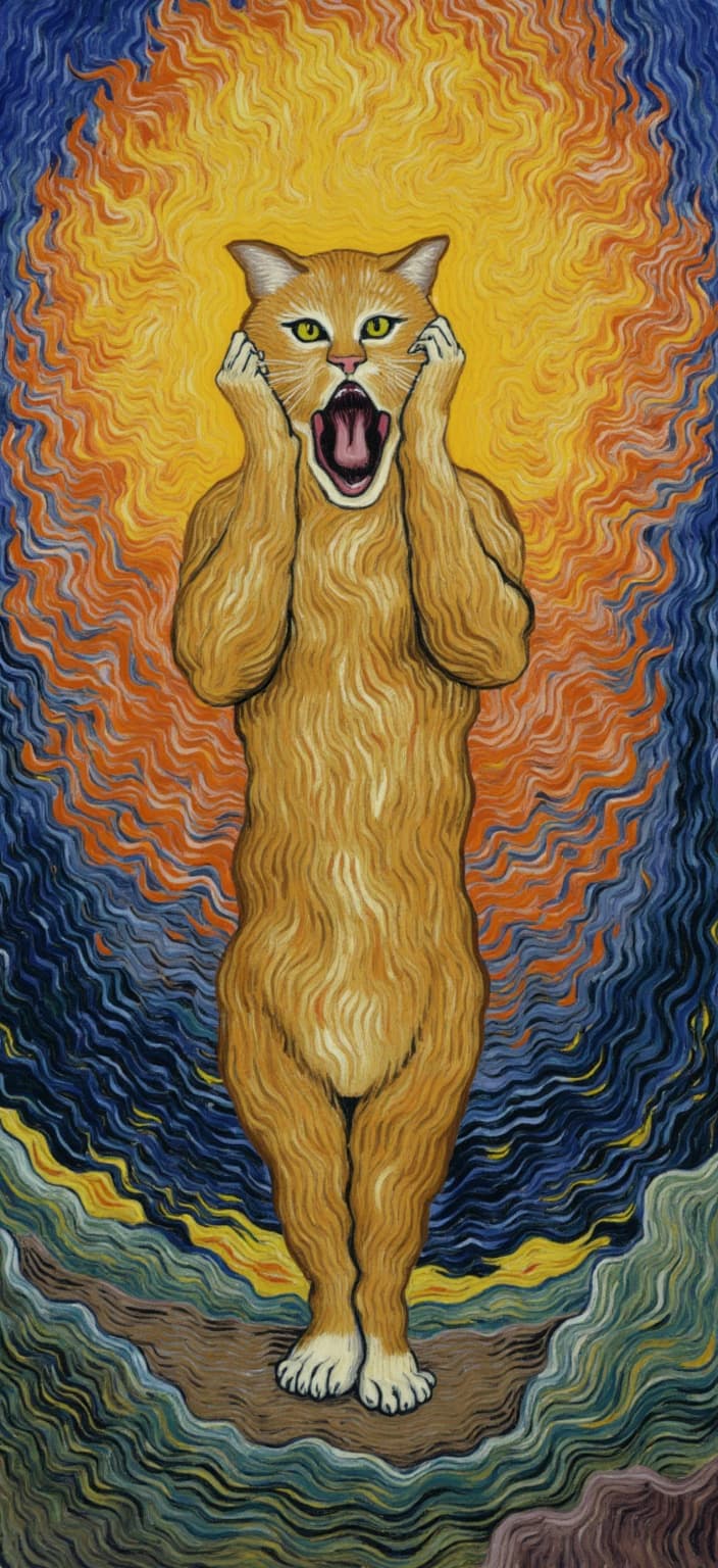 van_gogh, **Enriched Prompt**:
Imagine a vibrant, surreal painting capturing a startled and wide-eyed cat, its mouth agape in a dramatic scream, and its paws pressed tightly against its ears as if to block out a cacophony only it can hear. The cat stands firmly in the middle of a bridge, positioned front and center, ensuring a crisp, clean look suitable for digital wallpaper. The setting takes its cue from Edvard Munch’s iconic style, with the background unfurling into a swirling, tempestuous sunset sky painted in intense hues of orange, purple, and blue. Brushstrokes are dynamic and expressive, curling and twisting in flame-like patterns that convey a rhythmic energy, enveloping the scene in a surreal, humorous atmosphere. The sky is alive with vigorous, linear patterns, creating an intriguing dance of motion and life behind the central figure. The exaggerated expression of the cat, stylized like an oil painting, is brought to life with vivid, rich colors applied in thick, impasto layers, echoing the bold, expressive compositions reminiscent of Munch. The contrast of colors—bold blues against fiery oranges, and deep purples against shimmering yellows—enhances the emotional depth and visual intensity, ensuring the artwork is both deeply personal and universally compelling.