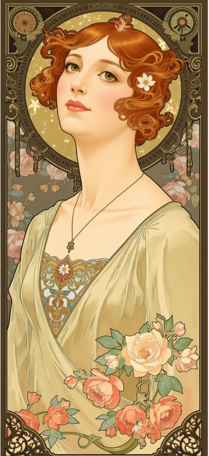 mucha, A captivating digital wallpaper features the portrait of a woman directly facing the viewer, embodying an aura of elegance and mystery. The central figure is adorned with a delicate necklace, whose intricate design catches and enthralls the eye, standing out against her serene expression. The painting draws inspiration from Alphonse Mucha's style, celebrated for its flowing, organic lines that artfully contour the woman's serene visage and cascade into her rich auburn hair. Her hair is intricately adorned with delicate flowers and vines, symbolizing her harmonious connection with nature and echoing the essence of Art Nouveau. Her attire is understated yet beautifully detailed with decorative patterns, harmonizing with the elegant motifs typical of this art movement.
The backdrop is a sumptuous tapestry of celestial elements; ethereal stars twinkle amidst soft, gentle moonbeams that seamlessly meld with the highly stylized background. Swirling mists and ornate, geometric patterns evoke a romantic nostalgia, enriching the composition. The color palette is a vibrant blend of soft pastels and earthly tones, casting an enchanting glow that envelops the entire scene, while exuberant floral motifs composed of sinuous vines and blooming flowers dance through the composition, enhancing its refined, ornamental quality.
Framing the entire scene is an elaborate ornamental border reminiscent of a grand Gothic window, with sweeping curves, organic patterns, and celestial symbols. This intricate frame serves as both a visual anchor and a gateway to this ethereal realm, where nature and human emotion intertwine poetically. The resulting digital wallpaper transforms any digital device into a portal to a dreamlike world, perfectly capturing a timeless piece of art that elevates the aesthetic of any screen with a touch of classic sophistication.