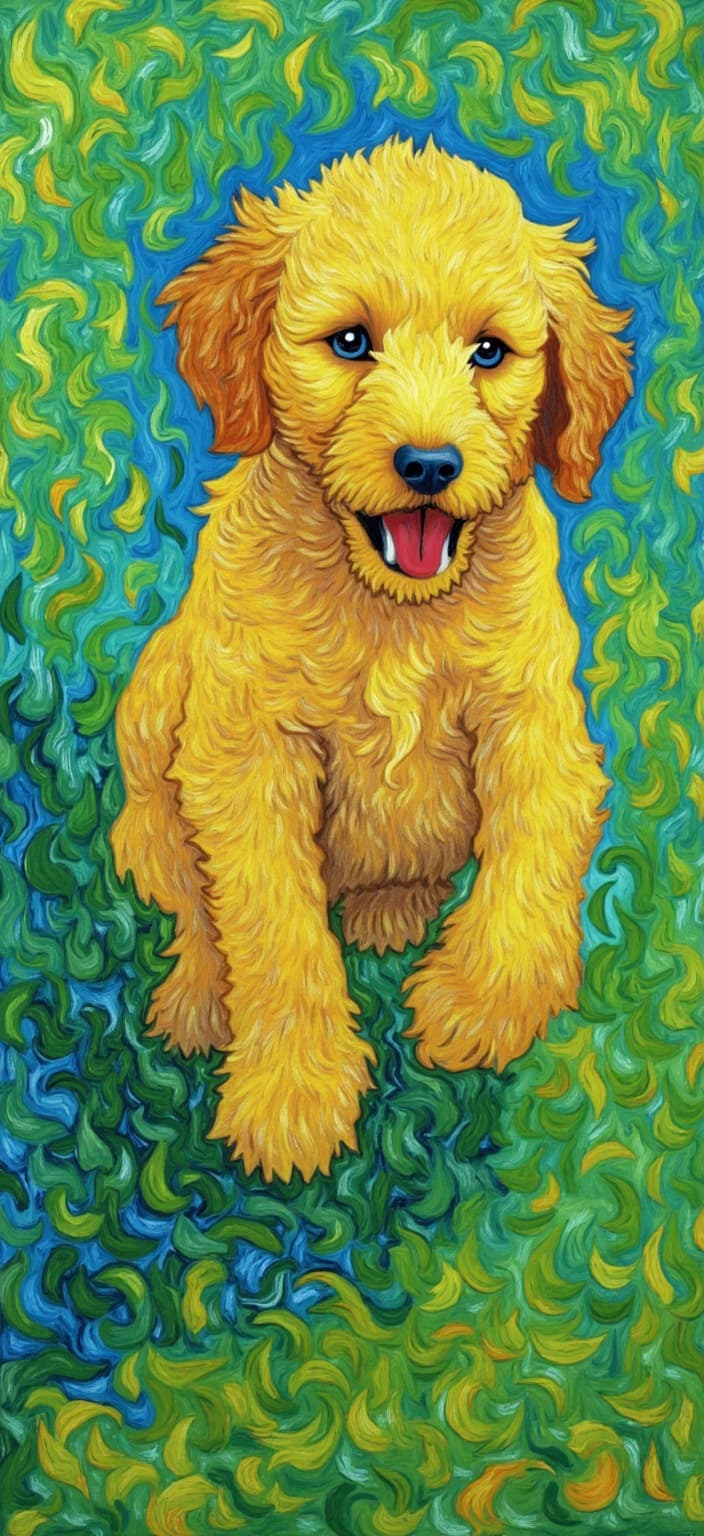 van_gogh, Enriched prompt: Imagine a vibrant and dynamic painting featuring a playful puppy Golden Doodle frolicking on a lush green lawn. The scene bursts with intense color and expressive compositions, reminiscent of a masterful artist known for their dynamic brushwork and bold, vivid hues. The rich colors are applied in thick, impasto layers, capturing the energetic spirit of the playful puppy and the freshness of the grassy expanse. Bold complementary color contrasts, such as deep blues against sunny oranges, and bright yellows paired with rich purples, elevate the visual impact and intensity of the scene.
The loose, energetic brushstrokes swirl across the canvas, forming curly, flame-like patterns that infuse the painting with a rhythmic, pulsating quality. This dynamic touch creates a sense of motion and life, as if the joyful puppy's fur and the gentle breeze are coming to life within the artwork. The composition is an infusion of raw emotion and urgency, making it both deeply personal and universally compelling.
The image is carefully centered, ensuring a crisp, clean look, ideal for a digital wallpaper. The painting's emotional depth and vibrant color palette promise a striking addition to any digital collection, conveying both the innocence and energy of the young Golden Doodle in a visually stunning and emotionally impactful masterpiece.