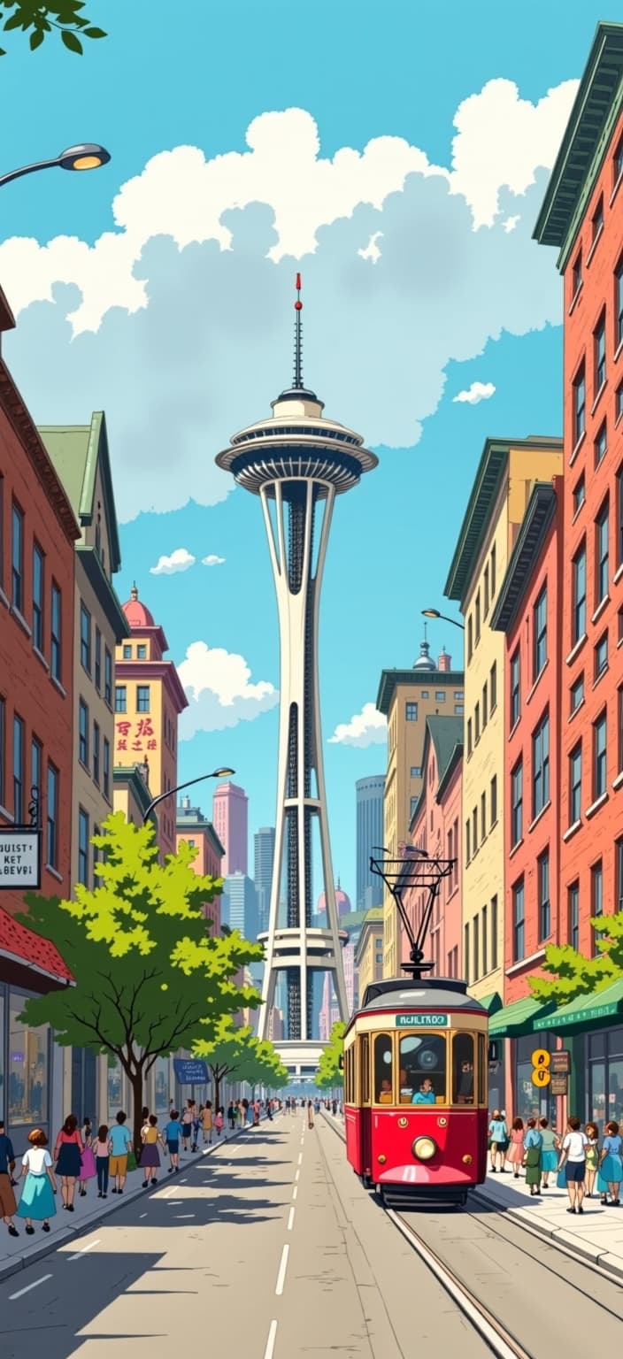 ghibli_illustration, Enriched prompt:
The painting centers around the iconic skyline of Seattle, portrayed in a whimsical and joyful hand-drawn animation style. The scene is rich in detail, capturing the vibrant essence of the city with expressively designed characters that populate the busy streets, creating a tapestry of lively interactions. The composition is imbued with bright yet slightly muted colors, lending a dreamy, nostalgic quality to the piece.
The warm, natural lighting bathes the cityscape, enhancing the cozy and inviting mood of the artwork. The use of soft, painterly textures and subtle imperfections conveys a hand-drawn feel, with pencil sketches bringing an organic movement to the bustling urban environment. Everyday objects, from the iconic Space Needle to charming street vendors, are meticulously rendered, giving the painting a tangible and lived-in atmosphere.
The richly detailed background comes alive with elements like gently swaying trees, shimmering waters of Puget Sound, and vintage streetcars clattering along the tracks. The harmonious blend of vivid colors avoids harsh contrasts, maintaining a soothing and nostalgic look ideal for digital wallpaper. The main subjects are accurately proportioned and clearly visible, ensuring a crisp, clean aesthetic suitable for printing. This enchanting depiction of Seattle transforms the ordinary into an extraordinary, capturing the heart and spirit of the Emerald City in a poetic and dreamlike manner.