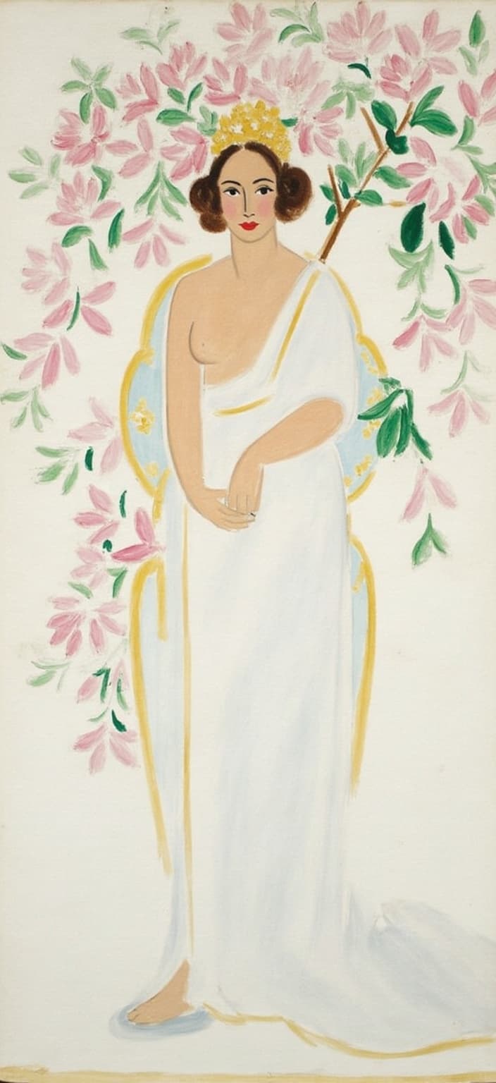 mattise_nice, The painting centers on a regal figure adorned with an elaborate crown made from magnolias, their petals painted in soft, delicate hues of pastel pinks and subtle golds. The figure is draped in a flowing white gown that cascades gracefully down, its fabric capturing the gentle interplay of light and shadow reminiscent of the elegance found in Matisse's works during his time in Nice. Surrounding the figure, stylized magnolia branches extend outward, their forms artfully abstracted, with playful lines and vibrant colors that echo the joyful energy of Matisse's style. The branches weave a harmonious frame around the subject, enhancing the ethereal quality of the scene. The background is a soft painterly canvas that subtly blends pastel tones, providing a serene and tranquil setting that allows the central figure and magnolia crown to stand out with striking clarity. This composition ensures a clean, crisp look ideal for digital wallpaper, inviting the viewer to immerse themselves in a world where elegance and nature combine under the artistic inspiration of a masterful style.