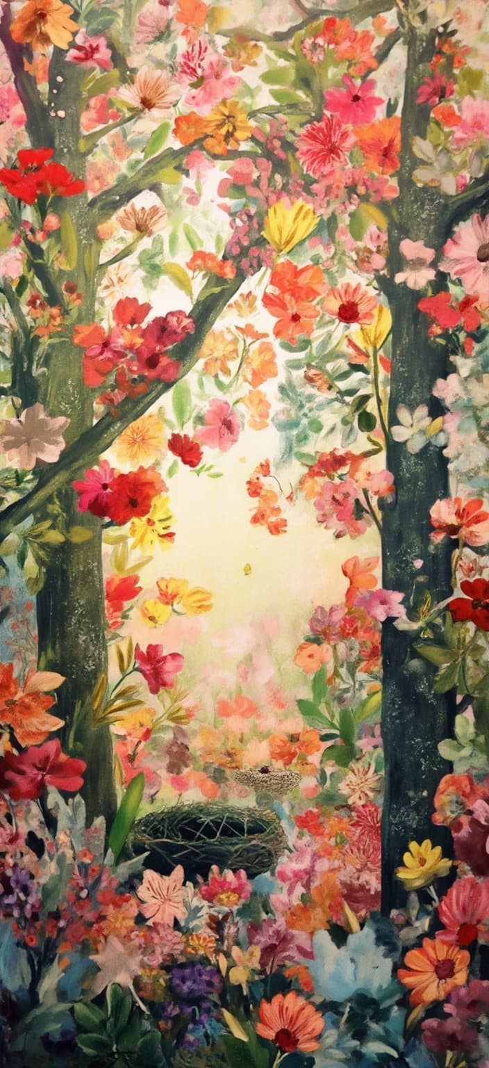 colorful_illustration, The painting features a captivating, whimsical scene centered around the delicate beauty of a rain-kissed spring. At the forefront, rain-speckled petals adorn the branches of blossoming trees, each droplet glistening like tiny jewels in a gentle embrace with the vibrant blooms. The misty, foggy background creates a mysterious atmosphere, enveloping the trees in a soft, ethereal haze that suggests a serene early morning. Nestled in the crook of one of the branches is a charming bird’s nest, lovingly crafted with strands and twigs. Inside, peep tiny chicks or delicate, speckled eggs, hinting at the promise of life and continuity.
The artwork is inspired by a vibrant and colorful illustration style, with a playful and dynamic hand-drawn feel. The background is enriched with organic shapes and scattered decorative elements, interspersed with various leaves and floral motifs that dance harmoniously across the canvas. This arrangement lends the piece a natural, free-flowing quality. The composition is lavish and intricate, blending bold organic shapes with delicate details. Scattered ornamental elements like dots, swirls, and abstract motifs add layers of complexity, with luxurious colors and patterns creating a sense of depth and movement. The organic shapes and radial floral patterns evoke the essence of Scandinavian folk art and mid-century botanical prints, resulting in a harmonious, hand-crafted aesthetic.
Designed to be a digital wallpaper, the image is meticulously centered, ensuring a crisp, clean look that makes it an ideal choice for digital displays, adding a splash of vibrancy and natural beauty to any setting.
