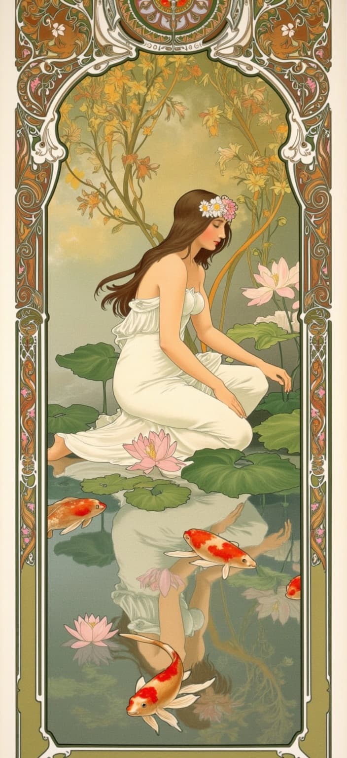 mucha, In the center of the digital wallpaper, a serene fairy kneels gracefully beside a tranquil lily pond, her delicate fingers gently caressing the water's surface. Surrounding her are vibrant koi fish, their scales shimmering in a kaleidoscope of colors, weaving gracefully through the water. Lotus blossoms in full bloom float elegantly around her, petals gently unfurling, adding a sense of gentle vibrancy to the scene.
The fairy's reflection in the pond forms an Art Nouveau masterpiece, with flowing, organic lines and intricate decorative patterns that echo her ethereal beauty. Her reflection is perfectly mirrored, creating a harmonious symmetry that captures the essence of this enchanting moment.
The painting draws inspiration from the Flowing style, characterized by intricate decorative patterns and a harmonious blend of natural motifs. The background is a dreamlike tapestry of stylized elements: vines intricately weaving their way through a sea of blooming flowers and celestial elements. Gusts of sinuous vines and delicate flowers are woven together to create a lush tapestry that evokes a sense of romanticism.
A refined ornamental quality pervades the entire composition, enriched with Mucha’s signature blend of delicate colors. The scene is enveloped within a grand ornamental frame, reminiscent of a Gothic window. This intricate border is a masterpiece in itself, adorned with sweeping curves, detailed embellishments, organic patterns, and celestial symbols.
The frame serves not only as a visual unifier but also as a gateway into the fairy's dreamlike realm, where nature and human emotion intertwine in poetic harmony. The overall aesthetic is suitable for a digital wallpaper, providing a crisp, clean look that captures the viewer's imagination, transporting them to this enchanted, serene world.