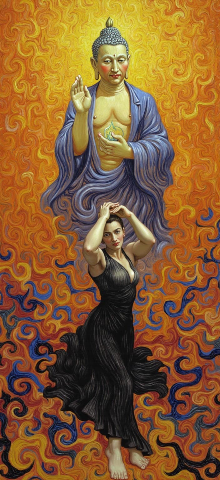 van_gogh, In a vibrant and emotionally charged painting, the scene is set to capture the profound intersection of spirituality and personal expression. At the heart of this artwork, the Maitreya Buddha stands as a towering figure of hope and salvation, an imposing presence signaling the dawn of a new era. This divine figure is surrounded by a cascade of vibrant, swirling colors reminiscent of an intense sunset—rich oranges, deep blues, and purples, interspersed with golden highlights that evoke a sense of majesty and impending transformation. The dynamic brushwork brings to life the Buddha's serene yet powerful aura, his presence echoing ancient prophecies and inviting the viewer to contemplate the role of spiritual salvation in a rapidly changing world.
Intertwined with this scene is the depiction of a woman's intimate world—a talented lingerie designer immersed in her creative sanctuary. Her slender form is accentuated by a translucent black silk dress, so delicate that it resembles the wings of a cicada, hinting at the curves beneath with an allure that is both subtle and provocative. Around her, an environment brims with inspiration: sketchbooks filled with delicate drawings of lace-trimmed corsets, piles of draft paper, and volumes upon volumes of lingerie notebooks that serve as both professional records and personal diaries of desire and self-exploration.
Everywhere you look, the painting is alive with movement. The brushstrokes are energetic, almost flame-like, as they dance across the canvas, pulling together elements of the spiritual and the sensual in a harmonious yet urgent narrative. The use of bold complementary color contrasts—cerulean blues against blazing oranges, vivid yellows against deep purples—serves to heighten the visual impact, creating a tapestry of emotional depth and intensity. This dynamic fusion of elements makes the painting ideal as a digital wallpaper, ensuring it grips the viewer's attention with every glance, delivering both serenity and passion in equal measure.