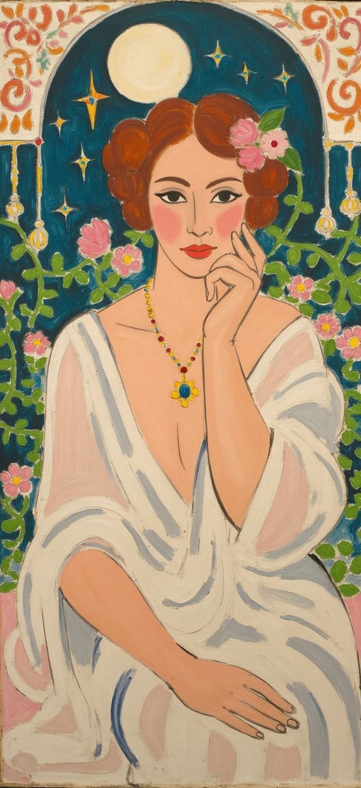 mattise_nice, Imagine a captivating portrait of a woman, gracefully posed and directly engaging the viewer with an enigmatic gaze that blends elegance and mystery. Her presence is accentuated by a delicately crafted necklace, intricately designed to capture the eye, resonating with meticulous detail. This painting draws inspiration from Matisse's time in Nice, notably infusing the artwork with vibrant colors and expressive forms that echo Mucha's flowing and organic linework. The woman's serene expression is beautifully outlined by these lines, cascading into her rich auburn hair, which is interwoven with delicate flowers and vines, symbolizing her harmonious bond with nature.
Her attire is simple yet artistically embellished with subtle decorative patterns, mirroring the elegant motifs of Art Nouveau, which create a visual rhythm, inviting the viewer to explore the artwork more deeply. The background is a dreamlike tapestry, where celestial elements such as ethereal stars and gentle moonbeams blend seamlessly with a highly stylized backdrop of swirling mists and ornate, geometric patterns—evoking a sense of romantic nostalgia customary of Matisse's vivid compositions.
The painting comes alive with a vibrant palette of delicate colors, where soft pastels and earthy tones converge, creating a luminous, enchanting glow that envelops the entire scene. Exuberant floral motifs, composed of sinuous vines and blooming flowers, weave through the composition, enhancing its refined, ornamental quality.
Framing this evocative scene is an elaborate ornamental border reminiscent of a grand Gothic window, which encases the artwork. This intricate frame, adorned with ornate curves, organic patterns, and celestial symbols, serves as a visual anchor and a gateway into this ethereal realm. The painting eloquently intertwines nature and human emotion in poetic harmony, crafting a timeless piece. As a digital wallpaper, this artwork transforms any screen into a portal to a dreamlike world, effortlessly elevating devices with classic sophistication. Perfect for those seeking to infuse their digital spaces with beauty and elegance, it stands as a statement piece, showcasing the enduring allure of art.