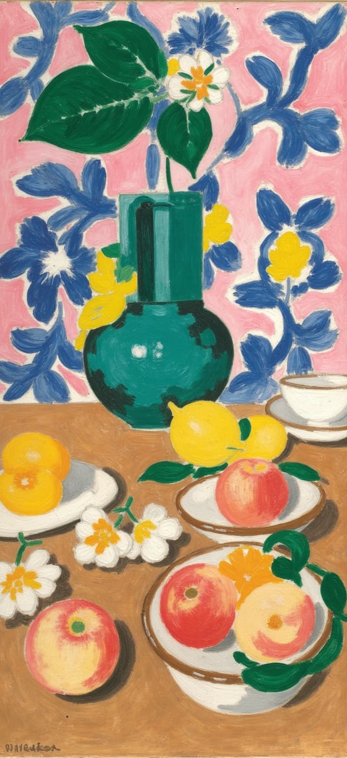 mattise_nice, In this exquisite digital wallpaper, imagine a still life painting that draws inspiration from Henri Matisse's "Nice" period, capturing a burst of color and expressive form. The scene is centered around a rustic wooden table, its grain and texture meticulously detailed, providing a warm and inviting foundation to the composition. Arranged elegantly on the table are ripe, luscious peaches and apricots, their velvety skins glowing with shades of blush pink, golden yellow, and soft orange under the light. Each fruit is carefully positioned, showcasing the plumpness and natural beauty of their shapes.
Surrounding these enticing fruits are delicate white flowers, their petals rendered with light, fluid brushstrokes characteristic of a painterly style, adding an airy grace to the scene. The flowers' gentle hues and ephemeral presence beautifully contrast with the vibrant, solid forms of the peaches and apricots, balancing the composition.
The background is a symphony of Matisse-inspired colors, using bold, harmonious tones to evoke a sense of joy and leisure typical of his works created in Nice. This engaging backdrop serves to elevate the still life, giving it an artistic flair that is both modern and classic. The entire painting is presented with precision, centered for a crisp and clean look, making it perfect for a digital wallpaper, where art meets everyday functionality.