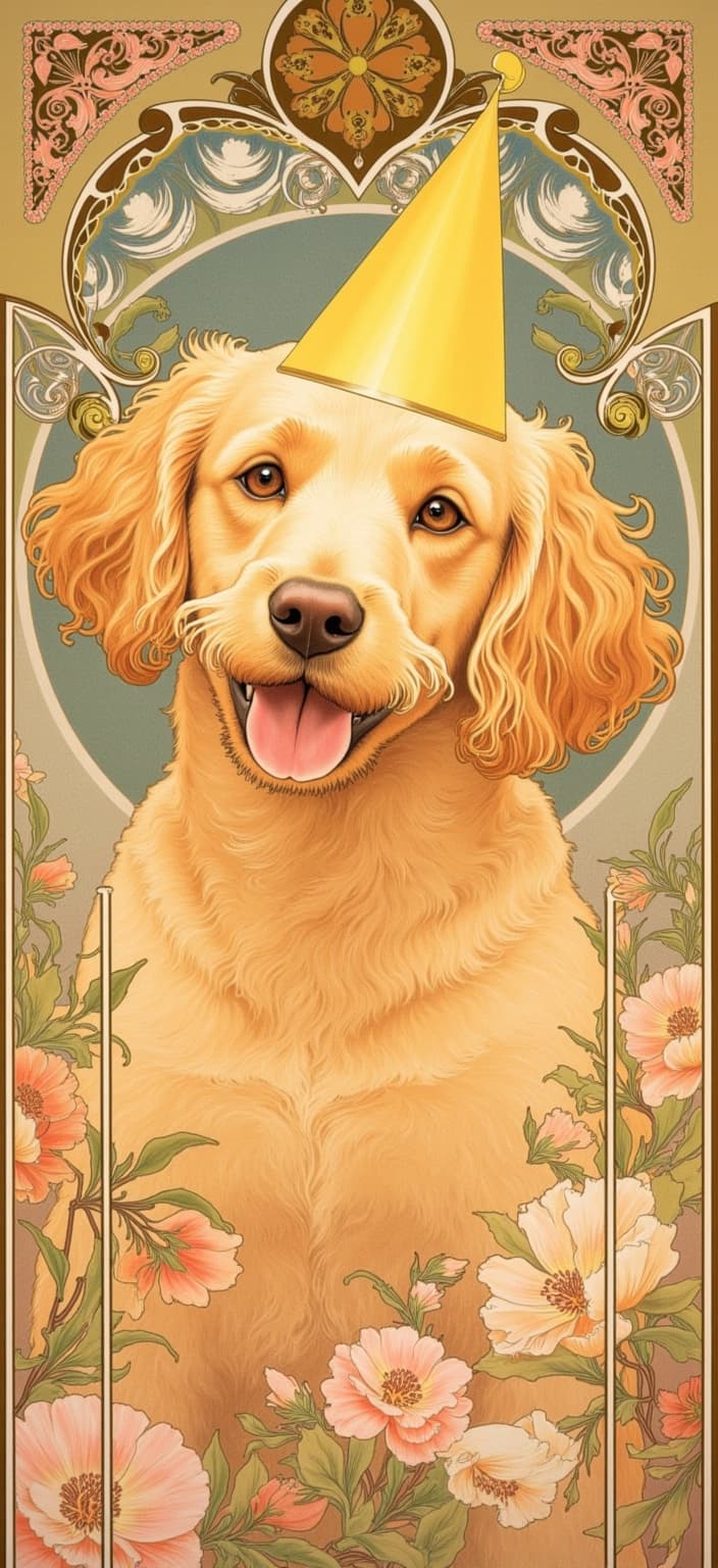 mucha, Enriched prompt: Imagine a captivating painting of a golden doodle, exuding warmth and joy, prominently placed at the center of the composition. The doodle wears a vibrant yellow birthday party hat tilted slightly to one side, lending a playful charm to its expression. This delightful subject is intricately detailed with flowing, organic lines that emphasize the texture of its curly fur, and its endearing gaze is framed by the gentle curve of its ears.
The backdrop is a mesmerizing tapestry of intricate decorative patterns inspired by the Mucha style. A harmonious blend of natural motifs such as delicate flowers, intertwining vines, and ethereal celestial elements creates a dreamlike, romantic aesthetic. These motifs are set against a highly stylized background that seamlessly merges fine art with design, evoking an atmosphere of poetic harmony.
Soft, delicate colors wash across the scene, inviting viewers to bask in its gentle, exuberant floral motifs. Sinuous vines weave through blooming flowers, while subtle geometric patterns add an ornamental quality, enhancing the visual richness of the composition.
Enclosing the entire scene is an elaborate ornamental frame, its sweeping curves and detailed embellishments reminiscent of a grand Gothic window. This intricate border, adorned with organic patterns, flowers, and celestial symbols, serves as both a visual unifier and a gateway into this serene, dreamlike realm. In this enchanting setting, nature and human emotion intertwine, offering a perfect digital wallpaper that captures the essence of art and design in poetic harmony.