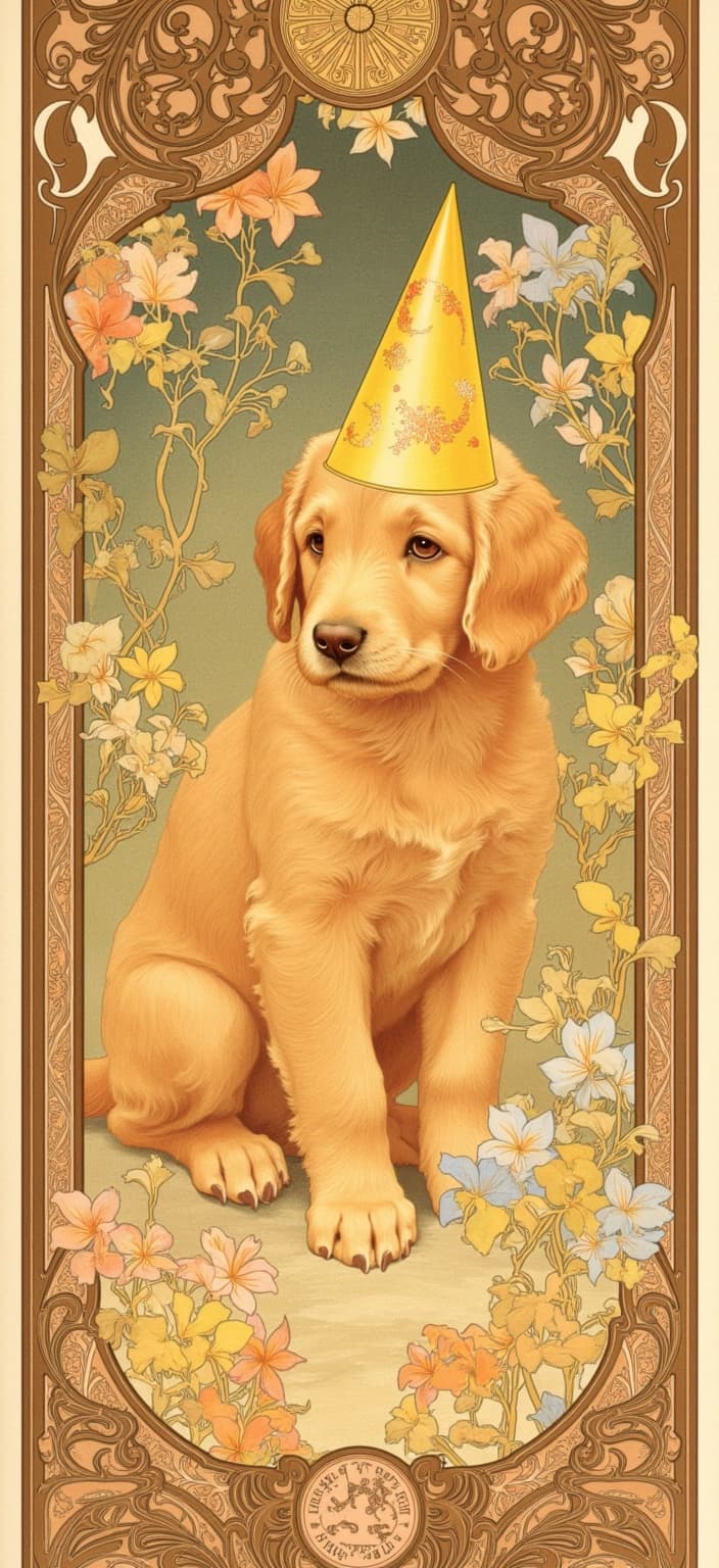 mucha, Enriched prompt:
Imagine a captivating digital wallpaper centered around an enchanting golden doodle puppy, its soft, curly fur glowing with warm hues. This delightful creature is adorned with a cheerful yellow birthday party hat that features whimsical patterns of stars and moons, echoing a sense of festivity and wonder. The puppy sits poised in the heart of a richly detailed scene inspired by the flowing, organic lines characteristic of the Mucha style. Delicate, sinuous vines entwine gracefully with an array of blooming flowers, their petals painted in soft, muted tones that gently harmonize with the puppy’s golden coat.
The background presents a highly stylized tapestry of intricate decorative motifs and celestial elements, creating a dreamlike, romantic atmosphere. Subtle geometric patterns are intertwined with natural motifs, enhancing the composition with a refined, ornamental quality. The entire scene is enveloped by an elaborate ornamental frame, reminiscent of a grand Gothic window. This intricate border is adorned with organic patterns, flowers, and celestial symbols, serving as a visual gateway into a poetic realm where nature and emotion coalesce.
Every element is meticulously crafted to ensure a crisp, clean look, making it perfectly suited as a stunning digital wallpaper that brings elegance and charm to any screen it adorns.