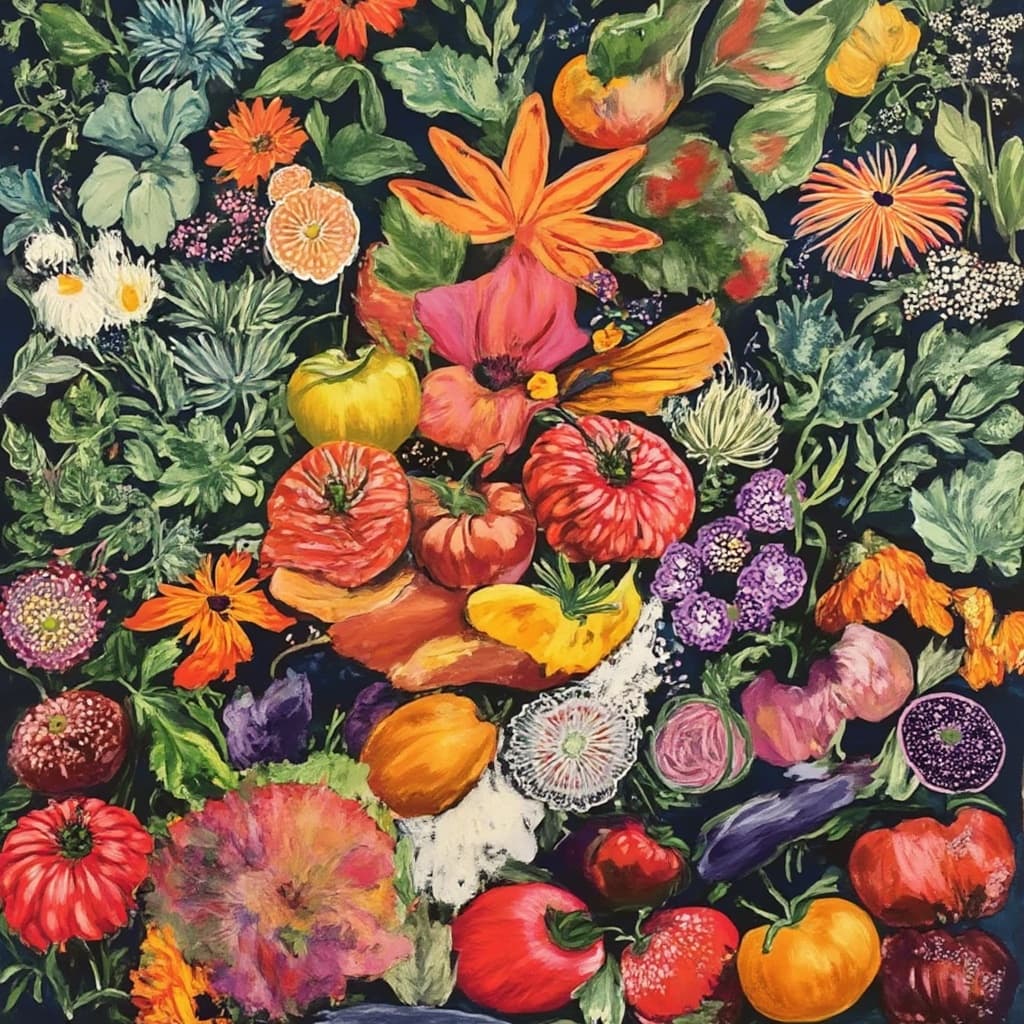 colorful_illustration, Enriched prompt: The painting features an enchanting array of garden vegetables, each rendered with a vibrant and colorful illustration style that exudes a playful, dynamic, and hand-drawn feel. At the center of the canvas, a bountiful harvest of vegetables—ripe tomatoes, crisp bell peppers, luscious aubergines, and leafy greens—are meticulously arranged to form a harmonious composition. Surrounding these vegetables are ornate, organic shapes that echo the natural elegance of the produce.
The background is adorned with a rich tapestry of decorative elements, including scattered ornamental motifs such as dots, swirls, and delicate abstract designs. These elements are intertwined with a variety of leaves and floral patterns, creating a luxurious layering effect that brings a sense of depth and movement to the artwork. The lavish composition draws inspiration from the intricate, decorative style reminiscent of Scandinavian folk art and mid-century botanical prints.
The organic shapes and radial floral patterns are harmoniously arranged across the canvas, providing a free-flowing quality that captures the essence of a hand-drawn illustration. The painting’s dynamic use of bold colors and intricate details makes it a stunning centerpiece, ideal for printing as wall art. The overall design ensures a crisp, clean look, making it a perfect statement piece that brings nature’s beauty indoors.