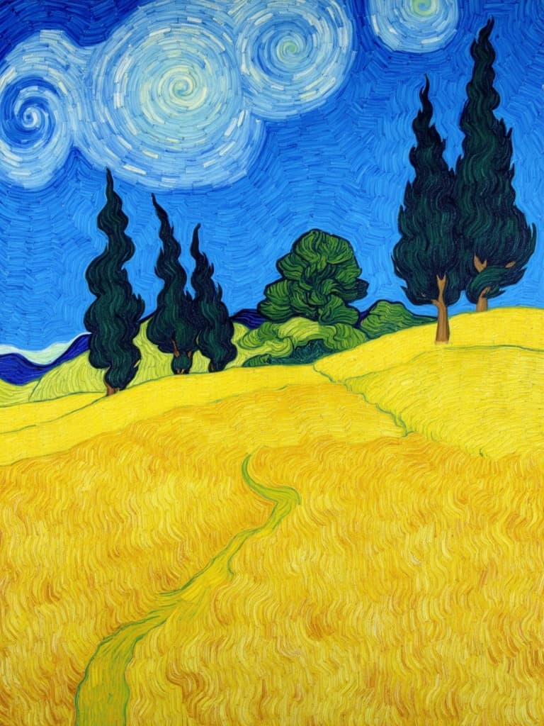 van_gogh, Enriched prompt: Imagine a sprawling wheat field, bathed in the golden glow of a late afternoon sun, with cypress trees standing tall and elegant in the distance. The scene is painted in a style defined by intense color and dynamic brushwork, reminiscent of the swirling energy and emotional depth found in expressive compositions. The wheat is depicted in vivid, rich yellows and golds, applied in thick, impasto layers, conveying a sense of vitality and movement as if gently swaying in a summer breeze. The cypress trees, with their dark, statuesque forms, contrast boldly against the brilliant azure sky, punctuated with swirling, flame-like patterns of clouds that dance around them.
The interplay of complementary colors—vibrant yellows of the wheat fields against the deep blue sky—is crafted to heighten visual impact and intensity. As your eyes move across the painting, you'll notice the energetic brushstrokes that define the landscape, each stroke pulsating with rhythm and life. The painting's surface is alive with curly, dynamic lines and flame-like patterns, invoking a sense of urgency and raw emotion, making this artwork both deeply personal and universally compelling.
This image, centered for a crisp and clean look, is perfect for a digital wallpaper, capturing the essence of nature's beauty combined with an artist's passionate interpretation. The unique vibrancy and motion within the painting will transform any digital space, leaving a lasting impression of vitality and emotional depth.