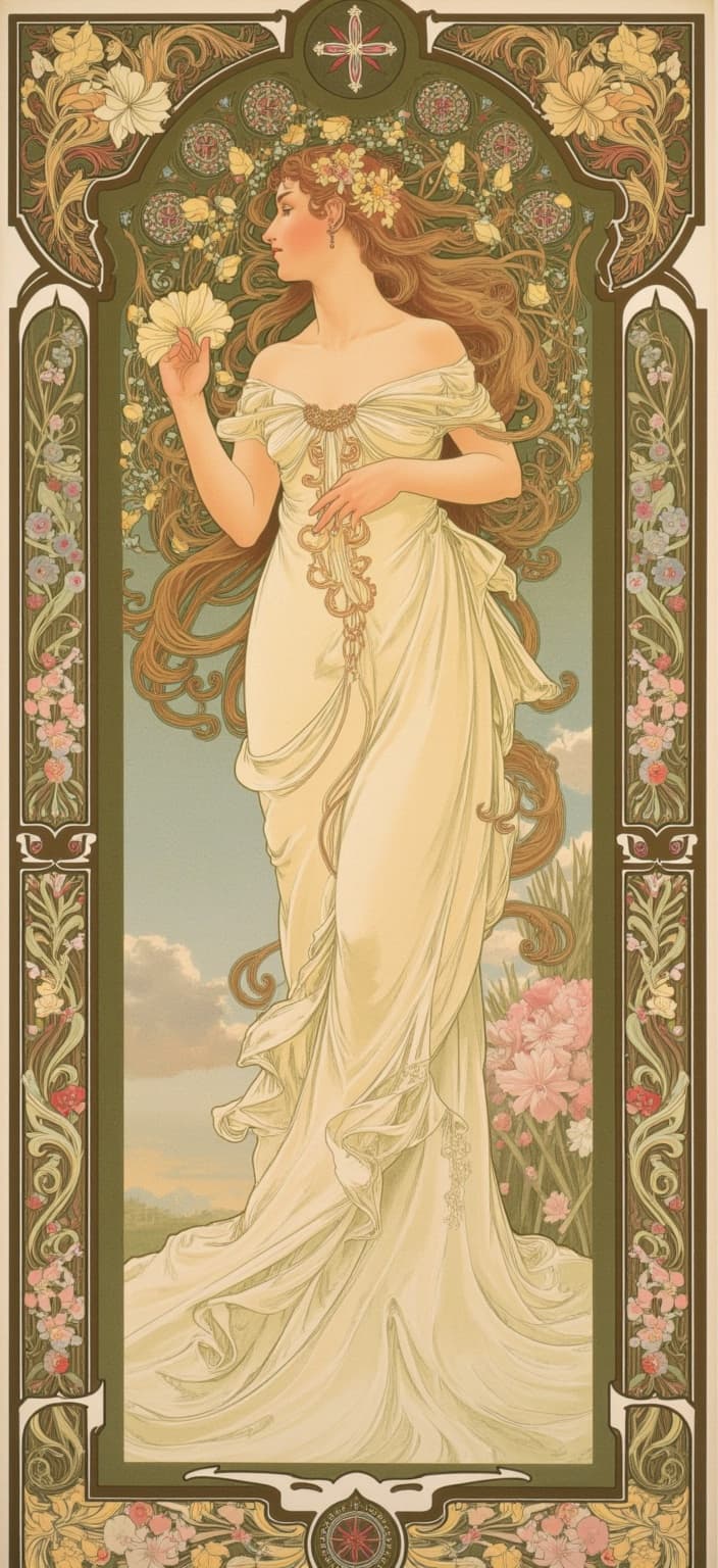 mucha, Enriched prompt: The painting features a captivating nymph-like female figure, gracefully poised in the center of the composition, exuding an ethereal allure. Her flowing hair cascades down like a waterfall of silken strands, intricately interwoven with delicate vines and blooming flowers, creating a natural crown that complements her serene visage. She is adorned in ornate decorations, including fine jewelry and a gown that seems to have been spun from the very fibers of nature, embellished with intricate patterns of celestial symbols and organic motifs.
The style draws inspiration from the flowing, organic lines and intricate decorative patterns reminiscent of Alphonse Mucha's art. Surrounding the central figure is a harmonious tapestry of natural motifs, such as sinuous vines entwining with exuberant floral displays, forming a seamless dance with subtle geometric patterns. The background is highly stylized, characterized by a dreamlike, romantic aesthetic that blends fine art with design elements to create a tranquil yet mesmerizing atmosphere.
Enveloping the entire scene is an elaborate ornamental frame, reminiscent of a grand Gothic window. Its sweeping curves and detailed embellishments, adorned with organic patterns, celestial symbols, and floral elements, act as a visual unifier. This border not only encapsulates the essence of the artwork but also beckons viewers into a poetic realm where nature and human emotion intertwine harmoniously.
As a digital wallpaper, this artwork is centered and crafted with precision to ensure a crisp, clean look, perfect for enhancing the elegance of any digital display, transforming it into a window to this enchanting, dreamlike world.