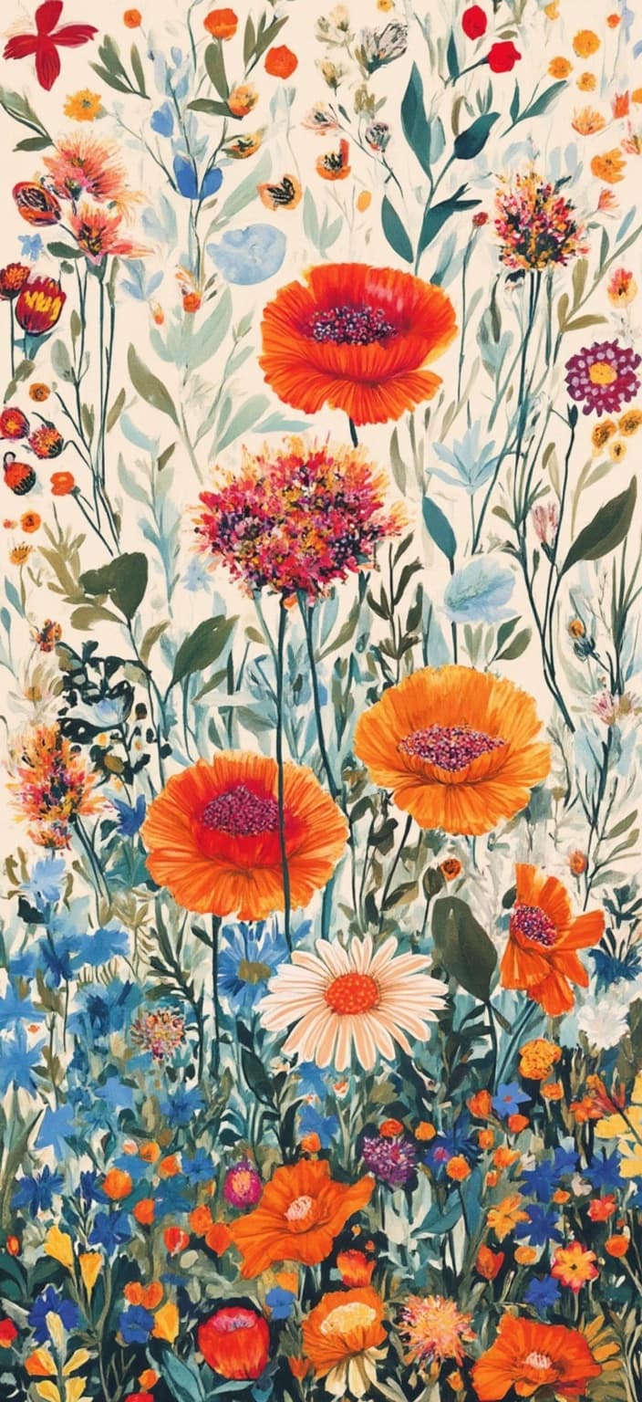 colorful_illustration, Enriched prompt: Imagine a captivating scene of a field brimming with mixed wildflowers, each bloom painted with a vibrant and colorful illustration style. At the forefront, clusters of vibrant poppies stand tall, their deep reds and oranges creating striking contrasts against the delicate white petals of daisies that dance gracefully in the gentle breeze. Beneath them, a lush carpet of bluebells adds a cool, serene blue tone to the composition.
The backdrop is adorned with playful, dynamic elements, featuring organic shapes and scattered decorative motifs that add to the hand-drawn, whimsical feel of the artwork. Leaves of various shapes and sizes weave through the flowers, creating a harmonious tapestry of floral beauty. The canvas is alive with detailed patterns reminiscent of Scandinavian folk art, seamlessly incorporating bold organic shapes with intricate details.
The luxurious layering of colors and patterns infuses the scene with a sense of depth and movement, inviting the viewer to immerse themselves in the lively, yet serene atmosphere of the wildflower field. Dots, swirls, and abstract motifs are elegantly scattered across the painting, enhancing its lavish decorative style. The radial floral patterns and organic shapes work together to evoke a sense of natural flow, all while maintaining a crisp, clean look suitable for a digital wallpaper, ensuring it would be a stunning centerpiece for any screen.