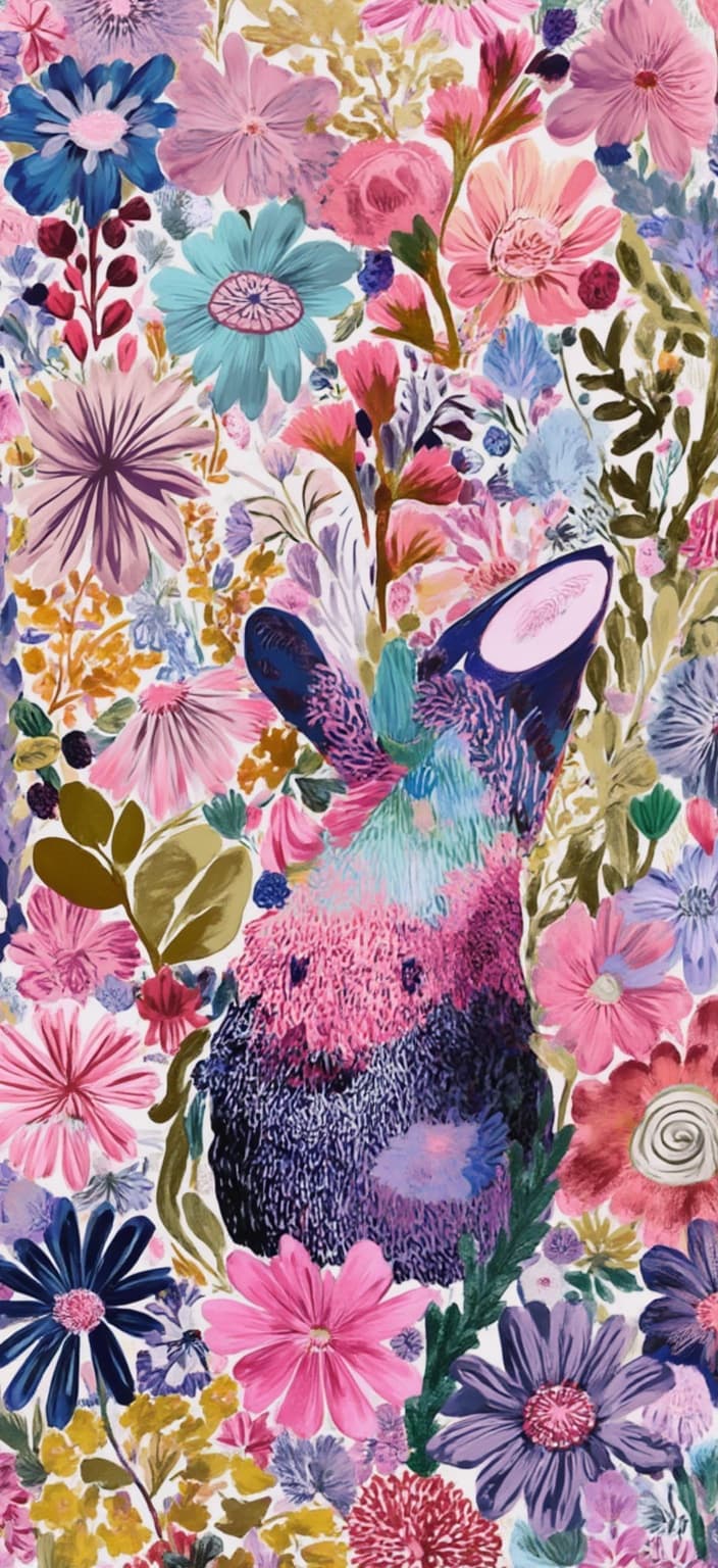 colorful_illustration, The enriched painting features a cute Rilikkum, a whimsical and enchanting character, sitting gracefully at the center of the image. The Rilikkum is designed with charming, endearing features: large, expressive eyes and a gentle smile that exudes warmth and friendliness. Its fur is soft and lush, with a vibrant palette of pastel pinks, purples, and blues that reflect a playful and dynamic atmosphere. The Rilikkum's tiny paws and delicate ears add to its adorable presence, capturing the heart of anyone who gazes upon it.
Surrounding the central figure, the background blossoms into a vivid and colorful illustration. The canvas is alive with an array of scattered decorative elements, including an assortment of organic shapes intertwined with various leaves and floral motifs. These elements are artfully arranged to create a seamless, natural flow across the entire canvas, injecting the design with a sense of vitality and movement.
The composition draws inspiration from the lavish, decorative style that combines bold, organic shapes with intricate, delicate details. Decorative elements such as dots, swirls, and abstract motifs are strategically placed, contributing layers of depth and texture. This luxurious tapestry of colors and patterns creates a captivating visual experience, reminiscent of Scandinavian folk art and mid-century botanical prints.
The overall harmony of organic shapes and radial floral patterns imparts a hand-drawn feel, ensuring the image is lively yet elegant. This dynamic and vibrant artwork serves as the perfect digital wallpaper, bringing color and joy to any device with its crisp, clean, and centered design, ideal for both whimsical delight and artistic sophistication.
