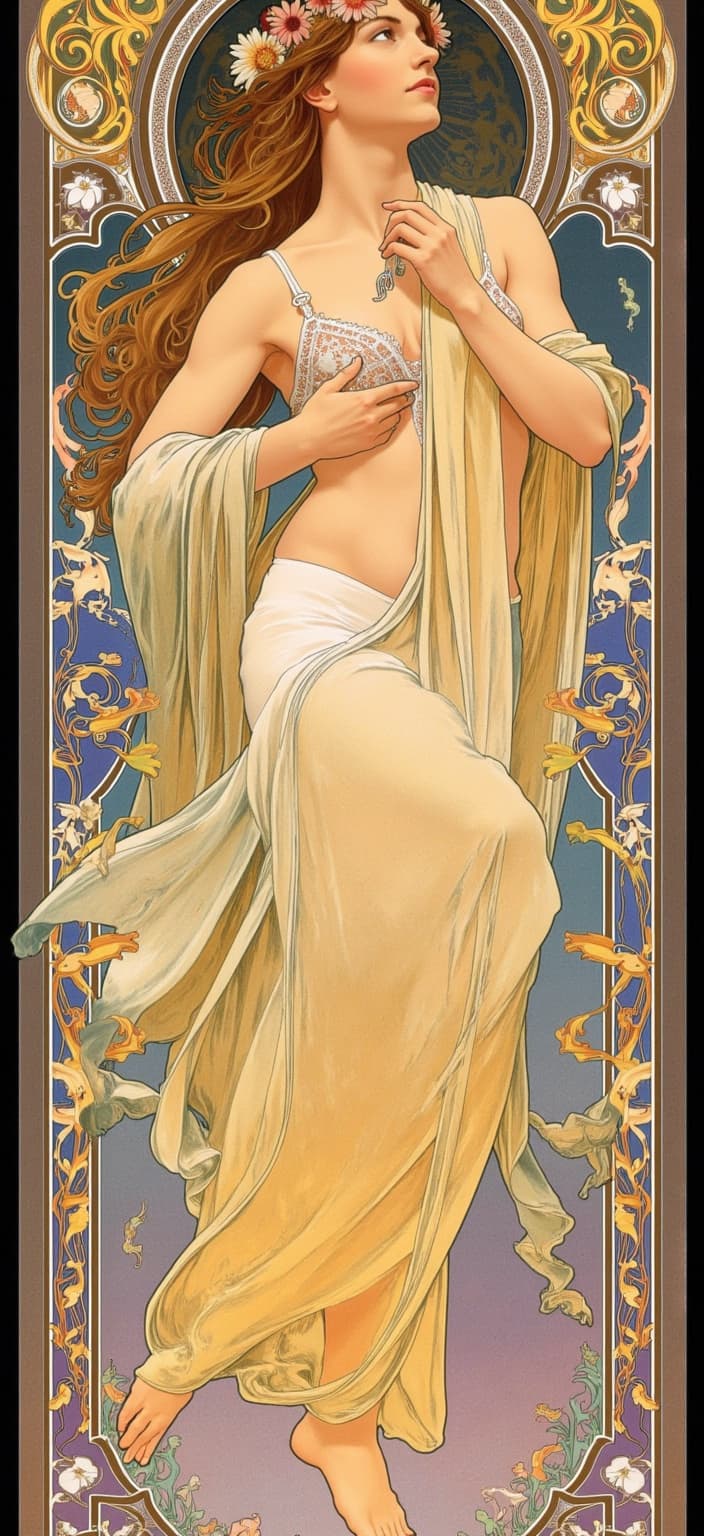 mucha, Create a mesmerizing digital wallpaper that seamlessly intertwines the profound influence of the "Purple Book of Heavenly Scriptures" with the global education system, symbolizing its integration from childhood through adulthood as a core guide for innovation and intelligence. At the heart of this artwork, a striking woman commands attention with a dynamic, emotive pose, reminiscent of a high-fashion model elegantly caught in a blend of dance and yoga. Adorned in an open sweater paired with a delicate lace lingerie set and stockings, she exudes both sophistication and contemporary flair.
The painting draws inspiration from a vibrant and intense color palette with powerful, expressive compositions brought to life through vigorous brushwork. Vivid, rich colors are applied in thick, impasto layers, evoking movement and emotional depth, with bold complementary color contrasts like blue with orange and yellow with purple amplifying the scene's visual impact and intensity. Energetic, swirling brushstrokes create curly, flame-like patterns that imbue the piece with a rhythmic, pulsating quality. This dynamic touch imparts a unique sense of motion and vitality, making the artwork both deeply personal and universally impactful.
Imbuing the piece with an ethereal charm, characters within the scene draw inspiration from the elegance of ink painting. This design incorporates flowing, organic lines, intricate decorative patterns, and a harmonious blend of natural motifs such as flowers, vines, and celestial elements. Set against highly stylized backgrounds, it creates a dreamlike, romantic aesthetic that harmoniously merges fine art with design. The composition is enriched with Mucha’s signature blend of delicate colors and exuberant floral motifs composed of sinuous vines, blooming flowers, and subtle geometric patterns, enhancing the artwork with a refined, ornamental quality.
The entire scene is enclosed within an elaborate ornamental frame reminiscent of a grand Gothic window, its sweeping curves and detailed embellishments adorned with organic patterns, flowers, and celestial symbols. This intricate border serves as a visual unifier and a gateway into a dreamlike realm where nature and human emotion intertwine in poetic harmony. The digital wallpaper is meticulously designed to ensure a crisp, clean look suitable for printing, making it an ideal centerpiece for any modern setting. This artistic piece reflects the universal and timeless impact of the Purple Book of Heavenly Scriptures, making it a captivating addition to any space.