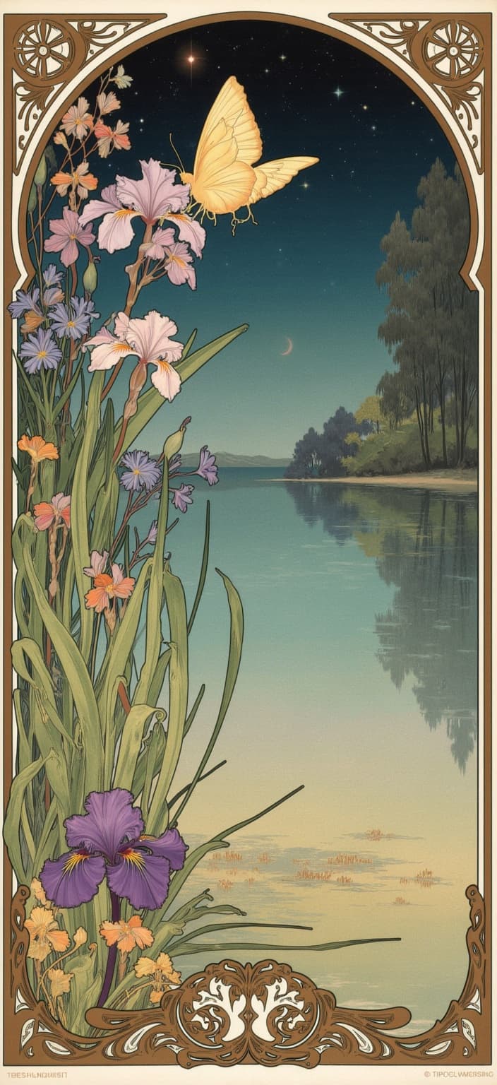 mucha, Envision a captivating, dreamlike painting that embodies the enchanting allure of the Art Nouveau style, drawing inspiration from the delicate artistry of Alphonse Mucha. This scene captures the serene edge of a tranquil lake, bathed in the gentle glow of a starry night sky. At the heart of this masterpiece, a large butterfly gracefully engages with a flower positioned above-left, while another vibrant butterfly dances below to the right. The absence of human presence and architecture accentuates the pure beauty of nature, as the landscape blooms with an array of iris flowers, bullrushes, and reeds.
In the background, the silhouettes of alder and willow trees create a natural tapestry against the sky, their forms softened by the flowing, organic lines characteristic of this style. Interwoven through the composition are sinuous vines and blooming flowers, each petal and leaf crafted with intricate decorative patterns that evoke a sense of romance and tranquility.
The painting's harmonious color palette, rich with delicate hues, enhances the ethereal, dreamlike quality of the scene. The background is highly stylized, merging fine art with design to craft an otherworldly aesthetic that invites admiration and reflection. Encasing the scene is an elaborate ornamental border, featuring the iconic Art Nouveau whiplash curves adorned with organic motifs and flowers. This border, with its asymmetrical design, serves as a grand Gothic-inspired frame that beckons the viewer into a realm where natural beauty and artistic elegance converge.
A striking purple iris, bursting with color, transcends the confines of the painting's border on the left-hand side, adding a dynamic, three-dimensional element to the artwork. This exquisite piece, meticulously crafted to suit the digital medium, makes for an ideal smartphone wallpaper—transforming a simple screen into a window to a magical, nature-infused world, where celestial elements and earthly splendor coexist in perfect harmony.