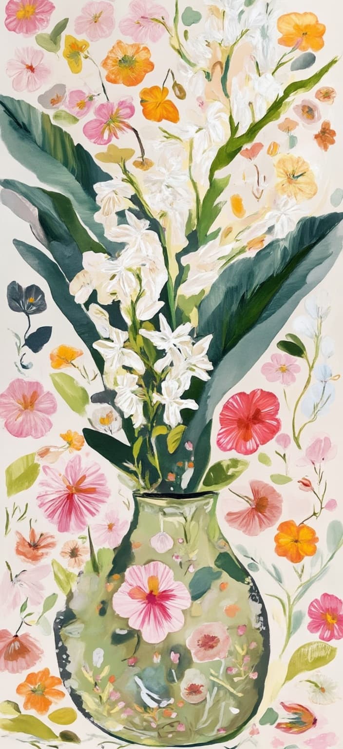 colorful_illustration, The painting captures a serene and elegant bouquet of Lily of the Valley meticulously placed in a simple, yet charming vase. The scene radiates a sense of delicate beauty, as the graceful white blooms with their slender, arching stems gently cascade over the rim of the vase, embodying a minimalist yet sophisticated aesthetic. The arrangement is nestled within a setting that draws inspiration from both botanical artistry and bohemian minimalism, highlighting an understated elegance.
In a style that is both vibrant and colorful, the illustration exudes a playful, dynamic, and hand-drawn feel. The background is adorned with an array of organic shapes that are artfully scattered across the canvas. Decorative elements, including various leaves and floral motifs, are harmoniously integrated, adding a natural and free-flowing quality to the design.
The composition is lavishly detailed, blending bold organic shapes with intricate details. Scattered ornamental elements such as dots, swirls, and abstract motifs are thoughtfully incorporated, enhancing the lavish decorative style of the piece. The luxurious layering of colors and patterns creates an exquisite sense of depth and movement, enveloping the viewer in its charm.
The organic shapes and radial floral patterns create a harmonious, hand-drawn quality that is reminiscent of Scandinavian folk art and mid-century botanical prints. This artistic style enriches the design, imbuing it with a timeless charm and making it ideally suited for a digital wallpaper, where it can be showcased in all its crisp, clean glory. This visualization ensures that the image remains a perfect piece for printing, transforming any digital space into an elegant and serene botanical haven.