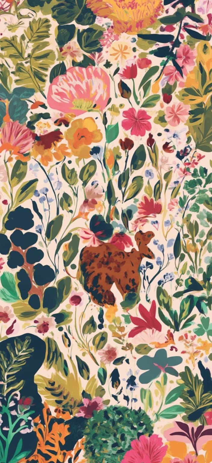 colorful_illustration, In a vibrant and colorful illustration, a playful and dynamic scene unfolds featuring a cheerful dog enjoying a serene garden. The dog, with its fur painted in a lively array of warm and earthy tones, stands joyfully amidst the garden's lush scenery. Drawing inspiration from a lavish, decorative style, the artwork captures the dog's animated spirit, its tail wagging energetically against the backdrop of a beautifully hand-drawn garden.
The background is alive with organic shapes and a meticulously arranged tapestry of various leaves and floral elements, showcasing a harmonious blend of nature's elegance. Scattered across the canvas, decorative elements such as delicate swirls, whimsical dots, and abstract motifs add a layer of sophistication and charm. These details are accentuated by the luxurious layering of complementary colors, creating a palpable sense of depth and movement.
The garden itself is a testament to intricate composition, where bold, curved foliage and radial floral patterns intertwine seamlessly, reminiscent of Scandinavian folk art and mid-century botanical prints. This art piece, centered perfectly, ensures a crisp, clean look, making it an ideal digital wallpaper that transforms any screen into a window to a joyful and organically rich world.