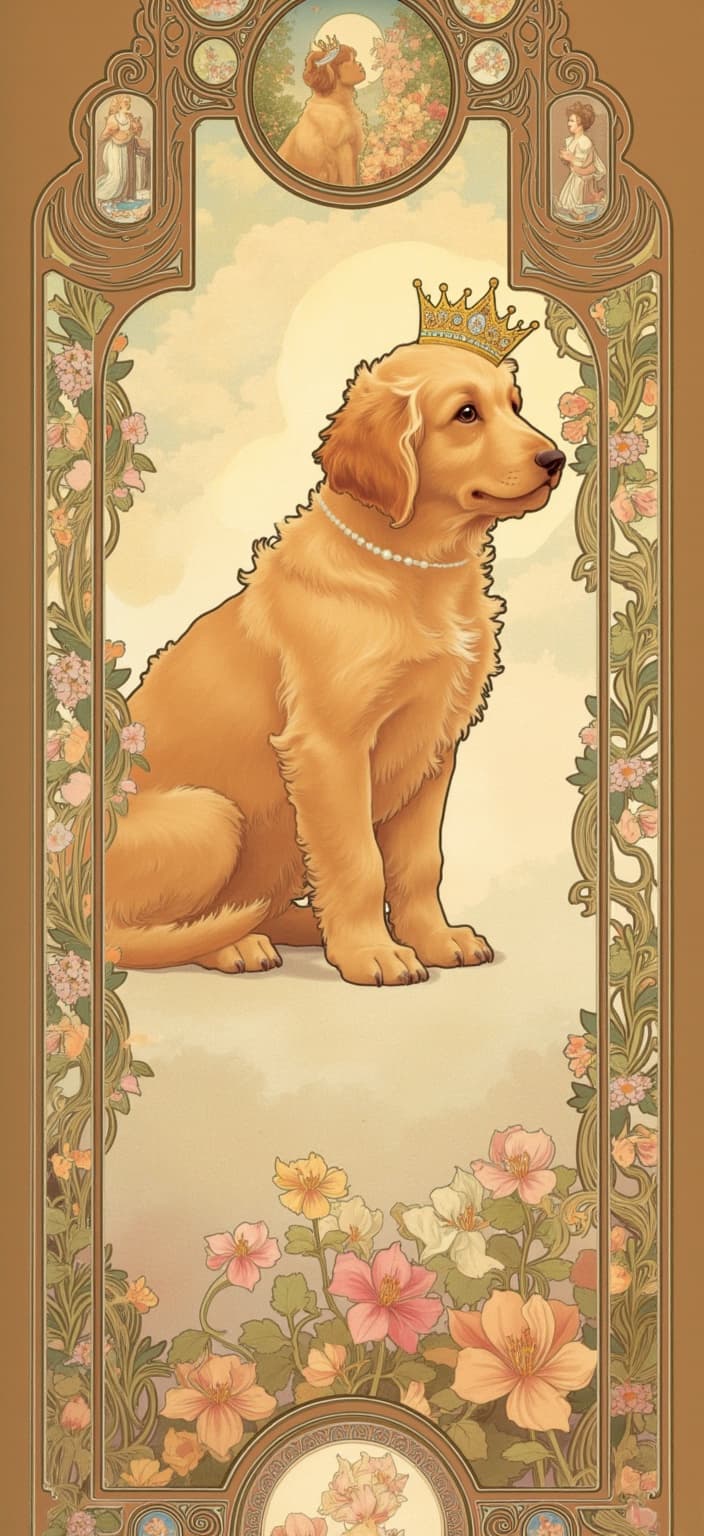 mucha, Enriched prompt: In a captivating digital wallpaper, the centerpiece is a golden doodle puppy, whose playful elegance is epitomized by the royal birthday hat perched atop its head. This fluffy pup exudes charisma, with both front paws stretched forward and head slightly bowed, embodying the essence of a party star basking in the limelight of adoration. The tranquil gaze of the puppy captures a serene moment, as if aware of its starring role in this enchanting tableau.
The scene is painted in the style reminiscent of Mucha, where flowing, organic lines and intricate decorative patterns imbue the artwork with a harmonious blend of natural motifs. The background unfurls in a dreamlike, romantic aesthetic, featuring sinuous vines, blooming flowers, and celestial elements that dance around the composition. The delicate colors and exuberant floral motifs woven into the design enhance its refined, ornamental quality.
Encapsulating this whimsical scene is an ornate ornamental frame, echoing the grandeur of a Gothic window. The frame's sweeping curves and detailed embellishments boast organic patterns, flowers, and celestial symbols, serving as a gateway into a world where nature and emotion meld in poetic harmony. This elaborate border unifies the composition, inviting viewers into a magical realm perfectly suited for a digital wallpaper that transforms any space into an enchanting celebration of life and beauty.