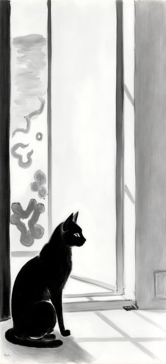 mattise_nice, A captivating digital wallpaper in desktop resolution featuring a serene black and white scene, inspired by the "Matisse in Nice" style. The composition centers around an elegant cat, its silhouette gracefully defined against the contrast of the monochrome palette. The cat, with a poised and contemplative posture, is sitting by a large, open window. Through the window, a gentle hint of an abstract landscape can be perceived, capturing the essence of the outside world in simplified, flowing forms, reminiscent of the Mediterranean vistas that inspired Matisse. The overall texture and brushstroke reflect the artist's unique style, bringing vitality and movement even in the restricted color scheme. This tranquil urban interior scene is designed to be crisp and clean, ideal for printing as a sophisticated digital wallpaper that effortlessly blends classic artistry with modern simplicity.