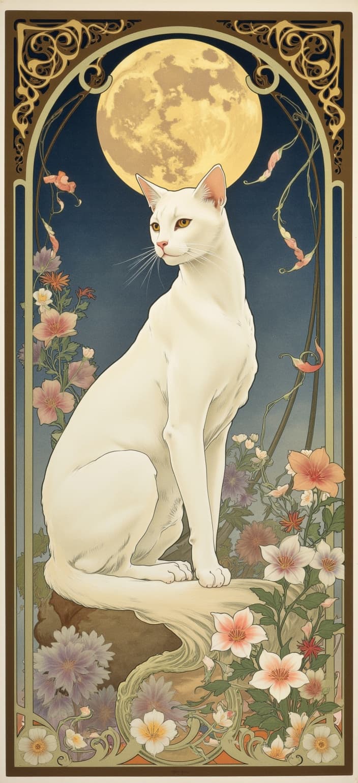 mucha, Enriched prompt:
The painting depicts a serene and enchanting night scene, centered around a graceful white cat that sits majestically under a luminous, full moon. This feline, with its pristine fur gently illuminated by the moon’s ethereal glow, is nestled amidst a garden of swirling vines and delicate flowers. The cat's eyes, deep and enigmatic, reflect the celestial wonder above, as if holding secrets of the night. Its soft, elegant form is rendered with flowing, organic lines that harmoniously meld into the surrounding environment, imbuing the scene with an air of tranquility and mysticism.
The composition is set against a highly stylized background that draws inspiration from the Art Nouveau style, characterized by intricate decorative patterns and a harmonious blend of natural motifs. The night sky is awash in a tapestry of delicate colors—soft blues, gentle purples, and hints of silver—each hue applied with Mucha's signature finesse. The backdrop is adorned with exuberant floral motifs, sinuous vines, and subtle geometric patterns, all combining to enhance the composition with a refined, ornamental quality.
This dreamlike aesthetic is further elevated by an elaborate ornamental frame that encloses the entire scene. The frame’s sweeping curves and detailed embellishments are reminiscent of a grand Gothic window, adorned with organic patterns, flowers, and celestial symbols. This intricate border not only serves as a visual unifier but also acts as a gateway into a poetic realm where nature and imagination coexist in exquisite harmony.
The image, with its lush details and romantic essence, is perfectly centered to ensure a crisp, clean look, making it ideal for printing as a digital wallpaper.