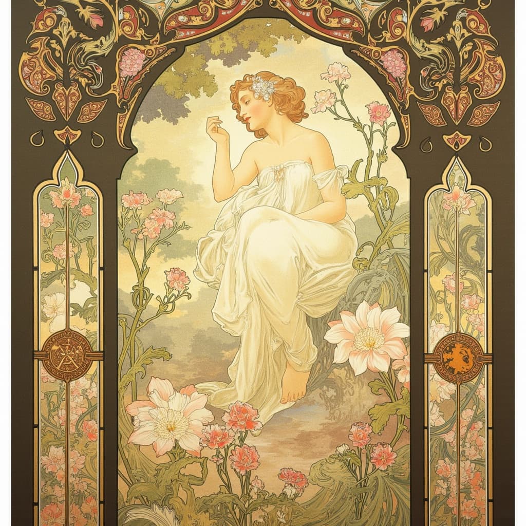 mucha, Enriched prompt: Imagine a breathtaking stained glass window, crafted with intricate precision and artistic flair, showcasing an enchanting tableau of nature motifs. The scene is painted in a flowing and organic line style, inspired by the exquisite Art Nouveau aesthetic. At its heart is a harmonious blend of delicate flowers, sinuous vines, and ethereal celestial elements, all intertwined within a serene, dreamlike landscape.
The composition captivates with its romantic allure, featuring Mucha’s signature palette of delicate pastels and vibrant hues. Blooming flowers burst forth with exuberance, their petals kissed by the gentle light filtering through the glass. Sinuous vines twist gracefully throughout, leading the eye through the ornamental tapestry, while subtle geometric patterns lend a refined and structured elegance to the artwork.
Framing this lush panorama is an elaborate ornamental border, reminiscent of a grand Gothic window, its sweeping curves and detailed embellishments elegantly encapsulating the scene. This intricate border is adorned with organic motifs—flowers and celestial symbols—that not only unify the composition but invite the viewer into a poetic realm where nature and emotion entwine with seamless grace.
A captivating centerpiece for wall-art, this stunning stained glass creation offers a timeless reflection of nature’s beauty, expertly combining fine art with design, and creating a visual gateway into a world of romantic wonder.
