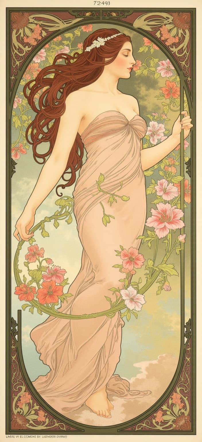 mucha, Enriched prompt:
Design a digital wallpaper capturing an elegant woman with flowing hair intertwined with vibrant, blooming flowers, set against a breathtaking, dreamlike backdrop. The composition should draw inspiration from the intricate and romantic aesthetic characterized by flowing, organic lines reminiscent of Mucha's art. Her hair cascades like a gentle stream, merging seamlessly with sinuous vines and a plethora of floral motifs that encapsulate her serene beauty.
The background should be a harmonious blend of understated yet delicate colors, creating a tranquil atmosphere infused with celestial elements like subtle star motifs and swirling nebulae. This dreamscape is complemented by intricate decorative patterns that enhance the composition with a refined, ornamental quality.
The entire scene is framed by an elaborate ornamental border, taking inspiration from grand Gothic windows. This frame, adorned with sweeping curves and detailed embellishments of organic patterns, vines, flowers, and celestial symbols, serves as a gateway to a fantastical realm. It embodies a poetic harmony where nature coalesces with human emotion, providing an enchanting focal point for a digital wallpaper aimed at delivering a serene and captivating aesthetic.